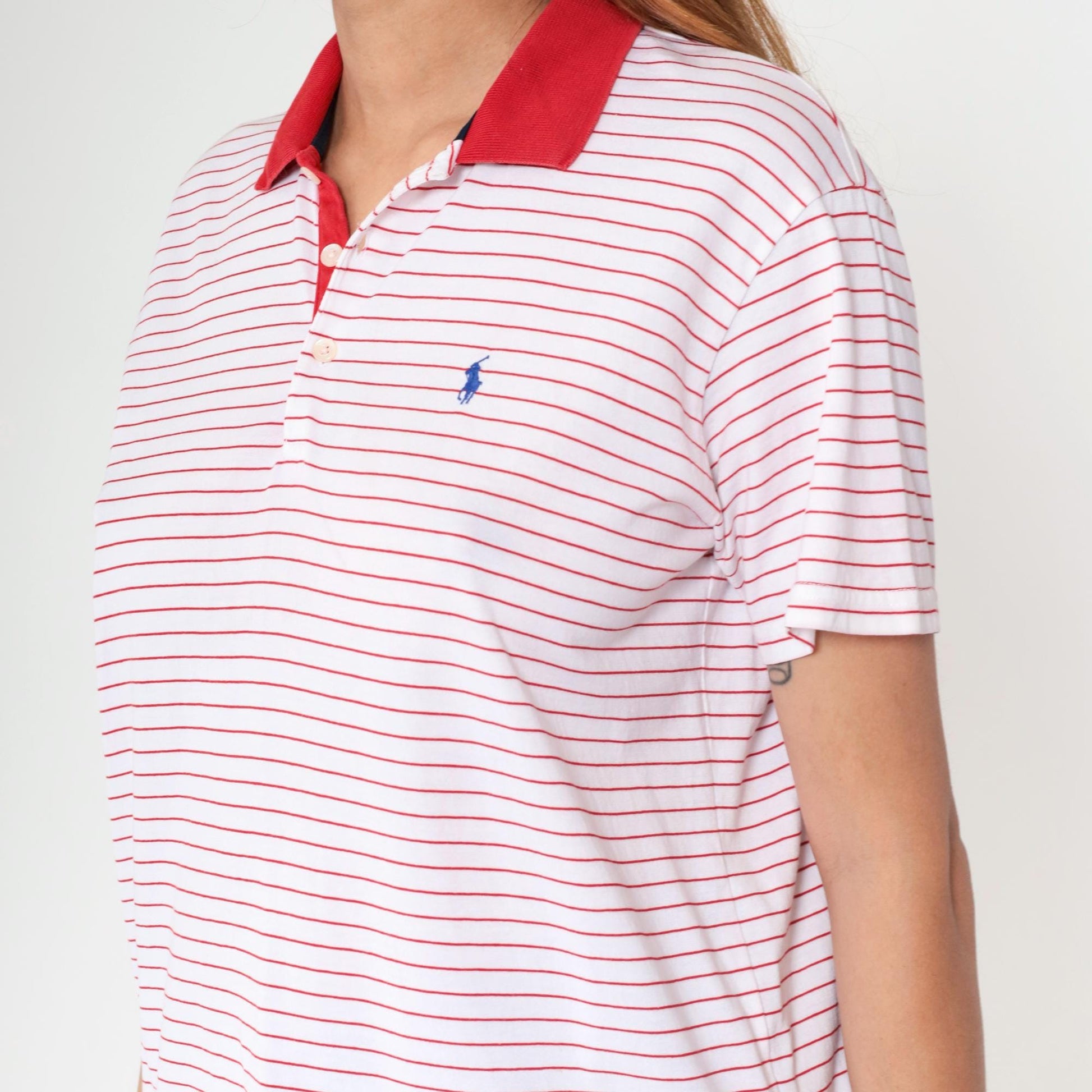 Y2K Ralph Lauren Golf Striped Polo Red White Quarter-Button Short Sleeve Medium
