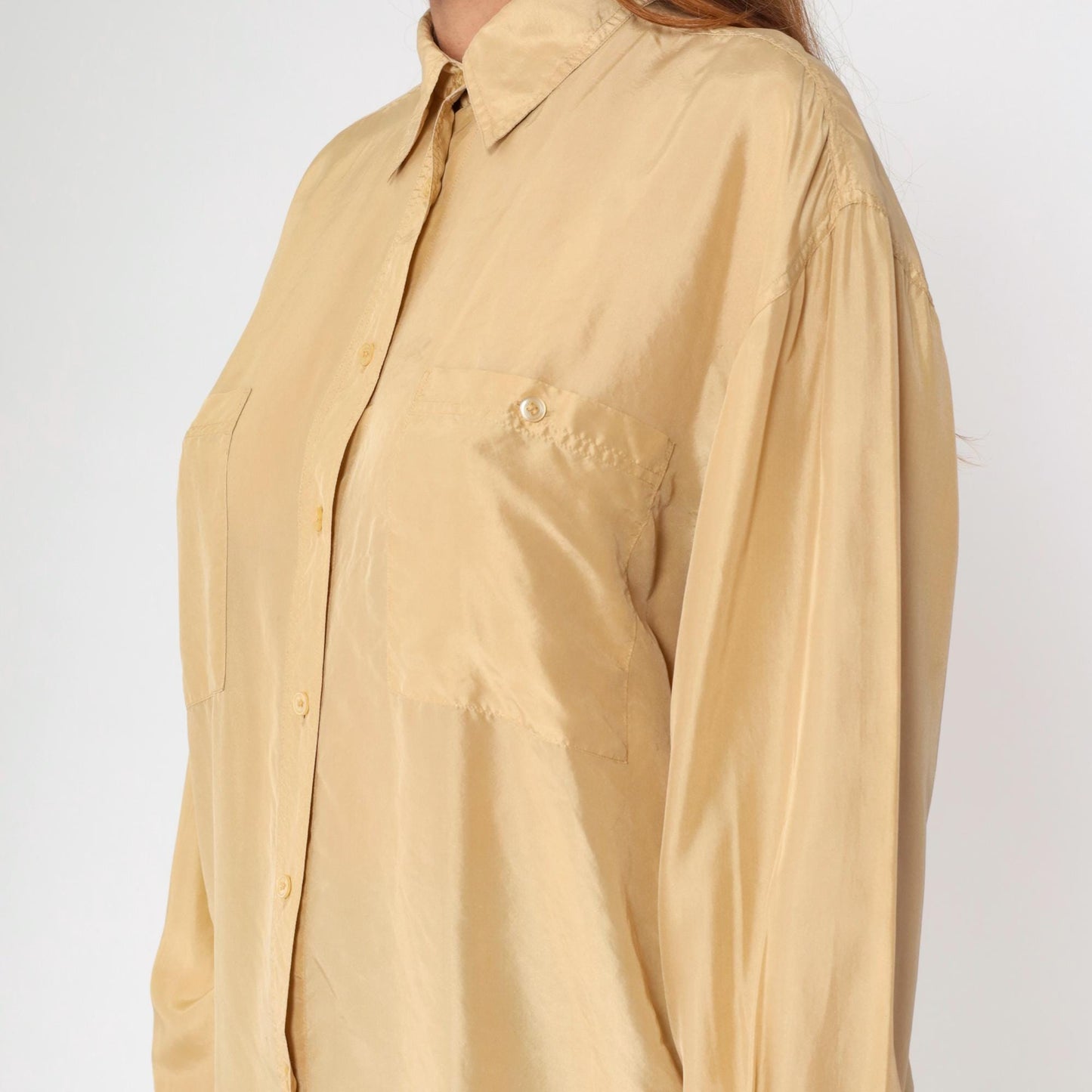 90s Champagne Silk Button-Up Blouse Long Sleeve Chest Pocket Small