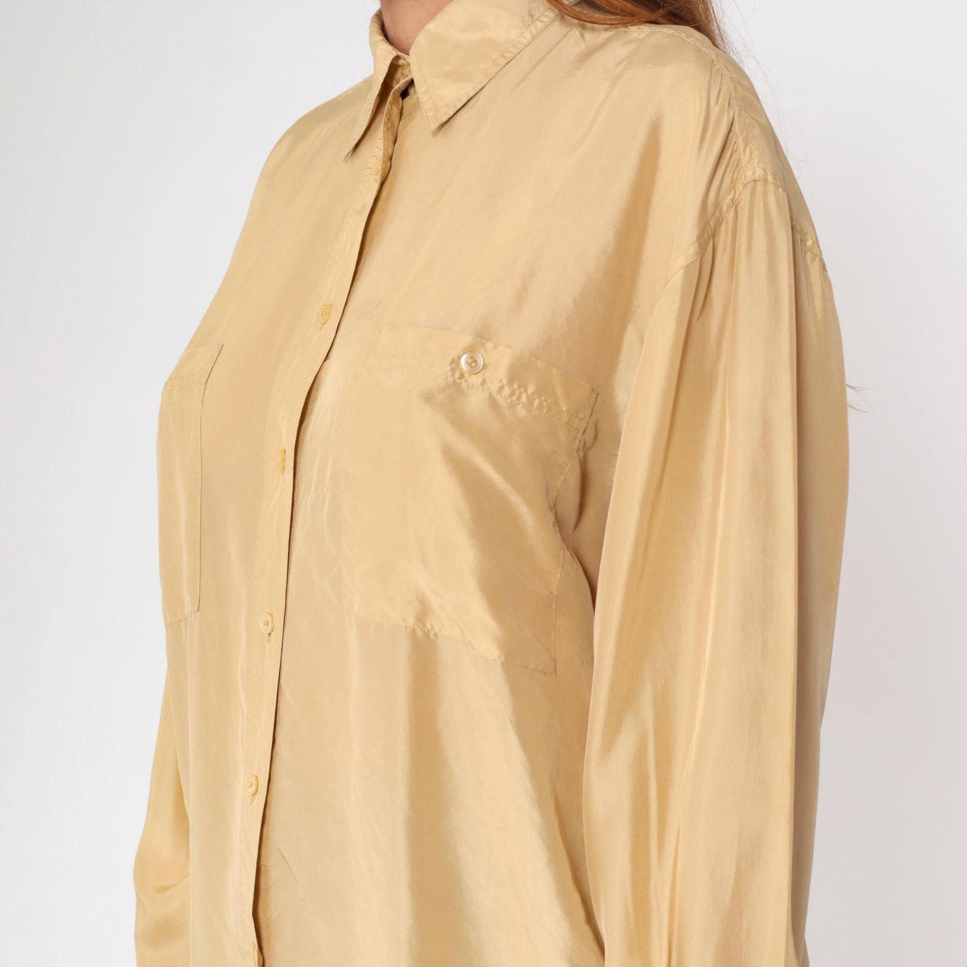 90s Champagne Silk Button-Up Blouse Long Sleeve Chest Pocket Small