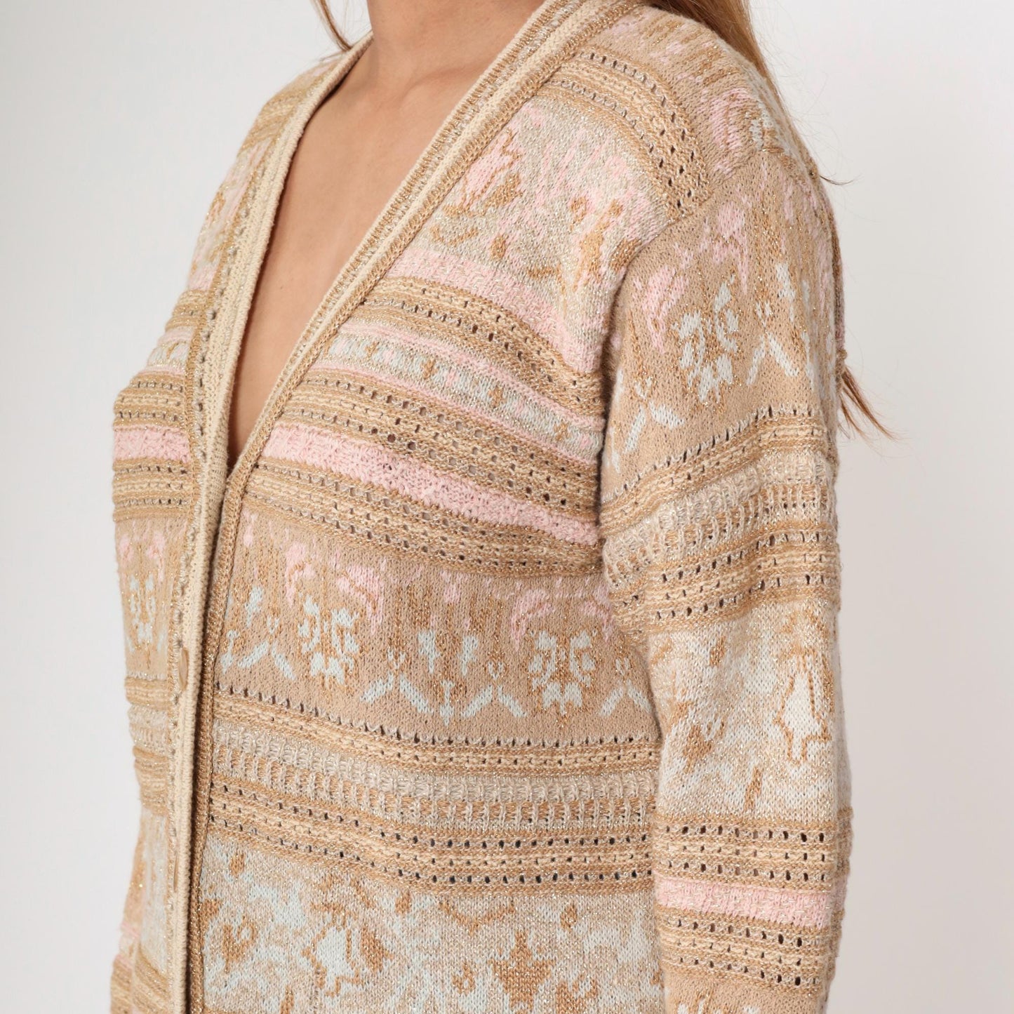 90s Lizsport Gold Floral Cardigan Sweater Tan Metallic Knit V Neck Small S