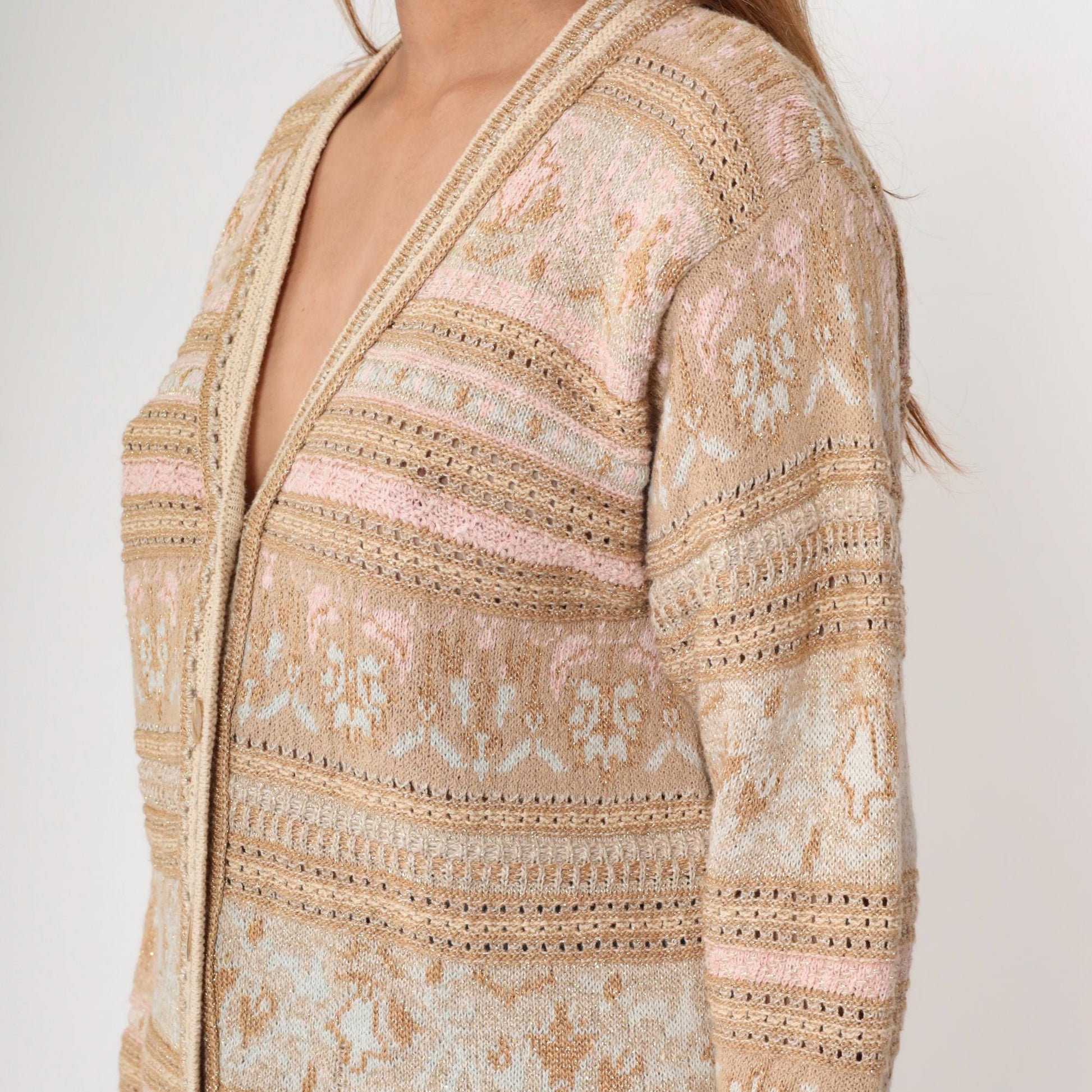 90s Lizsport Gold Floral Cardigan Sweater Tan Metallic Knit V Neck Small S