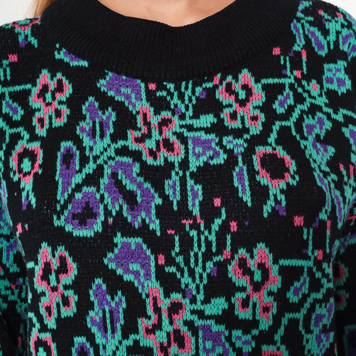 80s Abstract Floral Jacquard Sweater Black Knit Crewneck Small