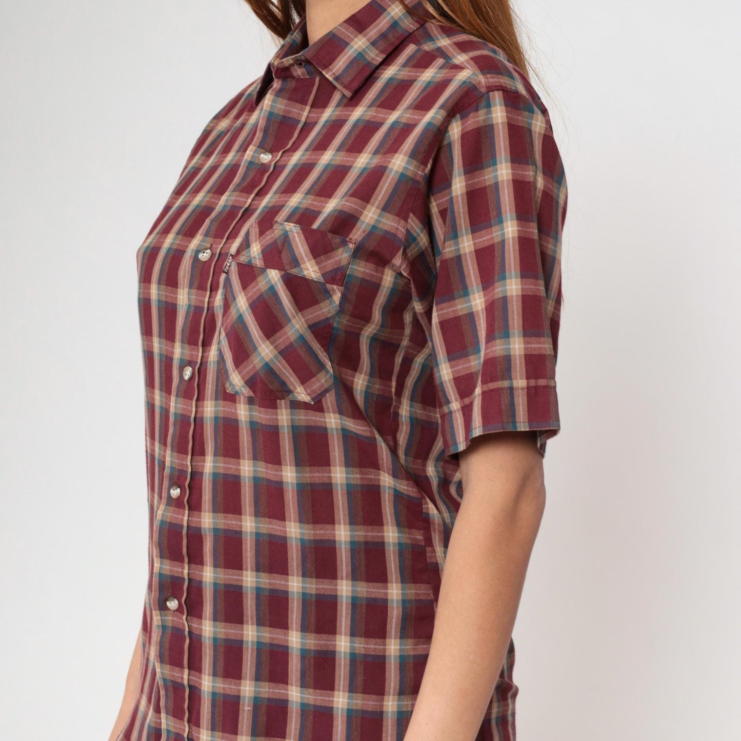 80s Levi's Plaid Button Up Shirt Burgundy Tan Checkered Short Sleeve Medium
