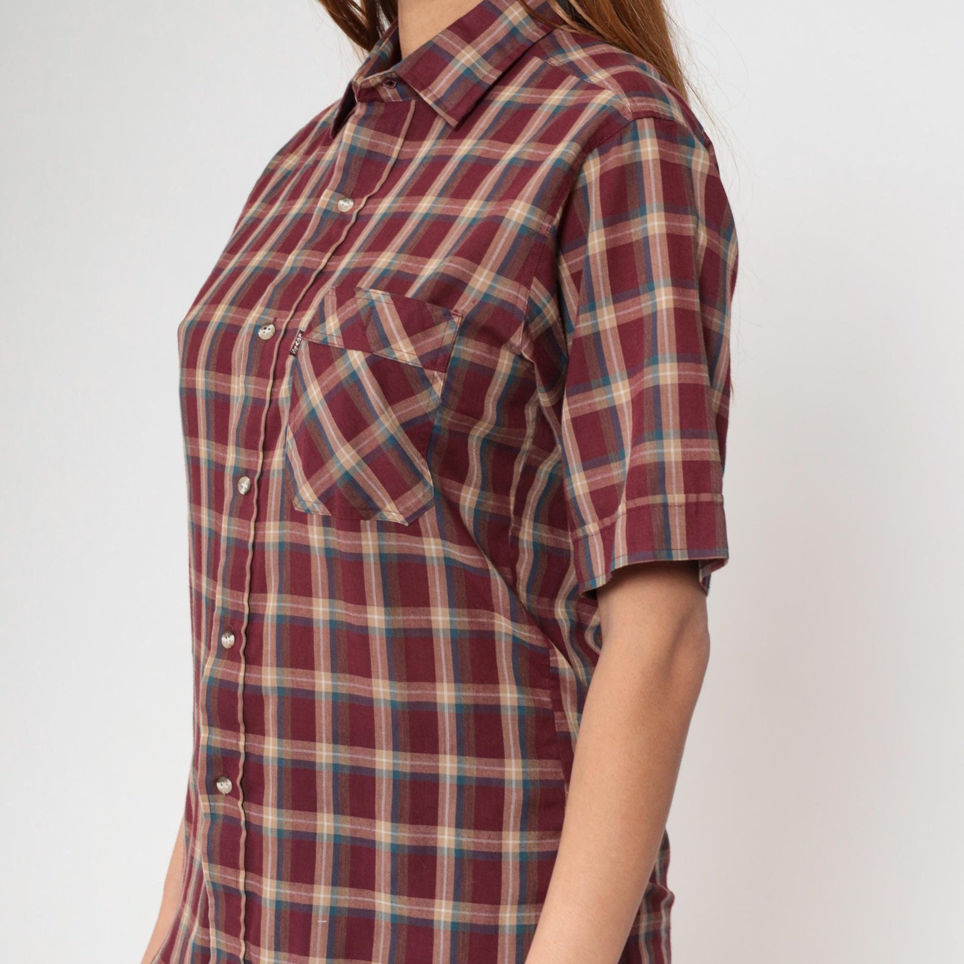 80s Levi's Plaid Button Up Shirt Burgundy Tan Checkered Short Sleeve Medium