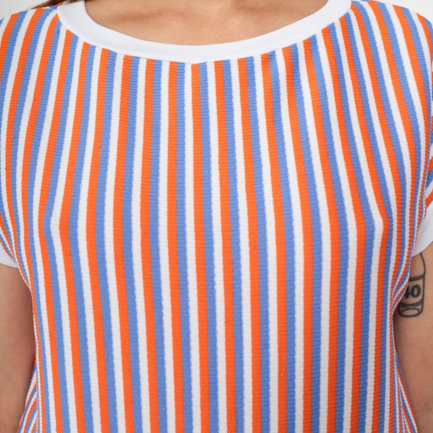 80s Striped Ringer Tee White Orange Blue Cap Sleeve Shirt Medium