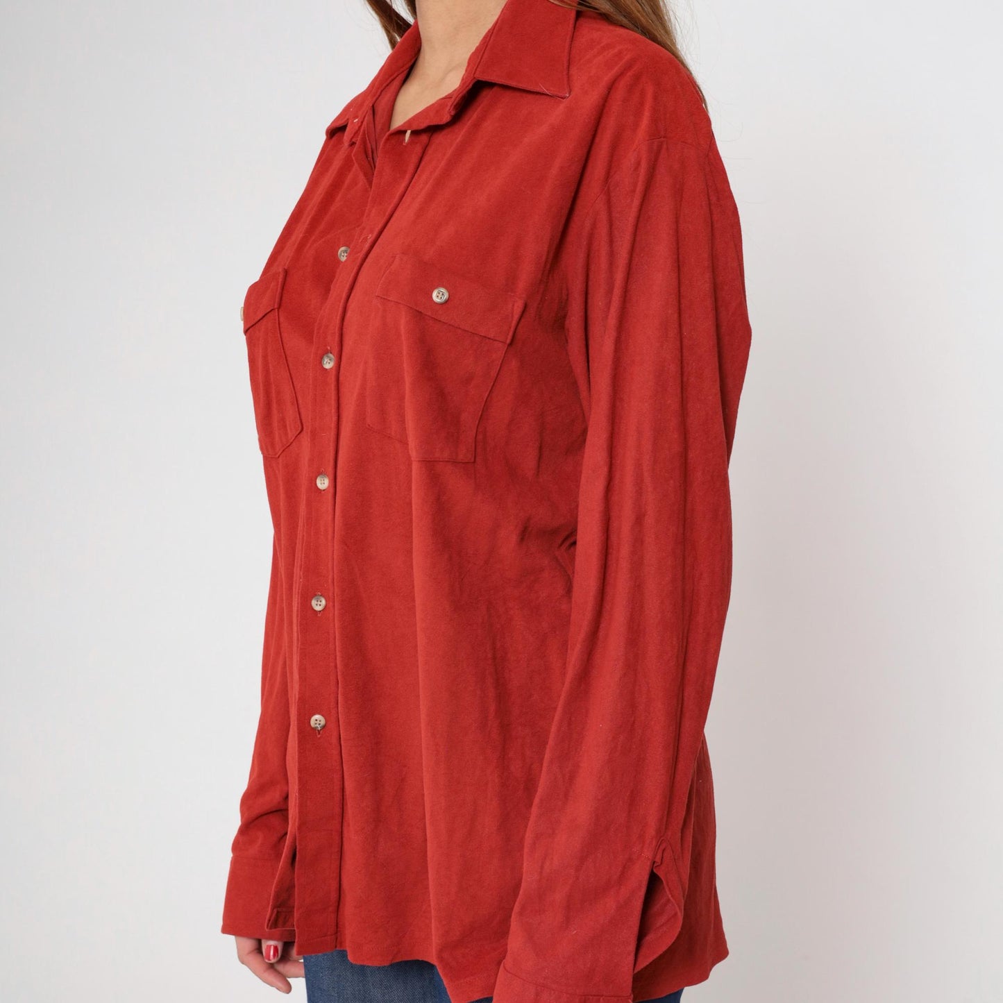 70s Prange's Rust Red Velour Button-Up Shirt Long Sleeve Collared Men's Large L