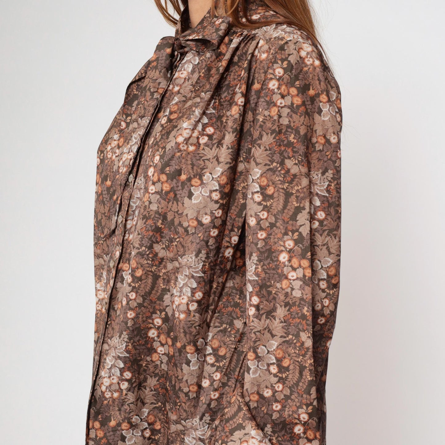 70s Brown Floral Ascot Blouse Button-Up Long Sleeve Large L