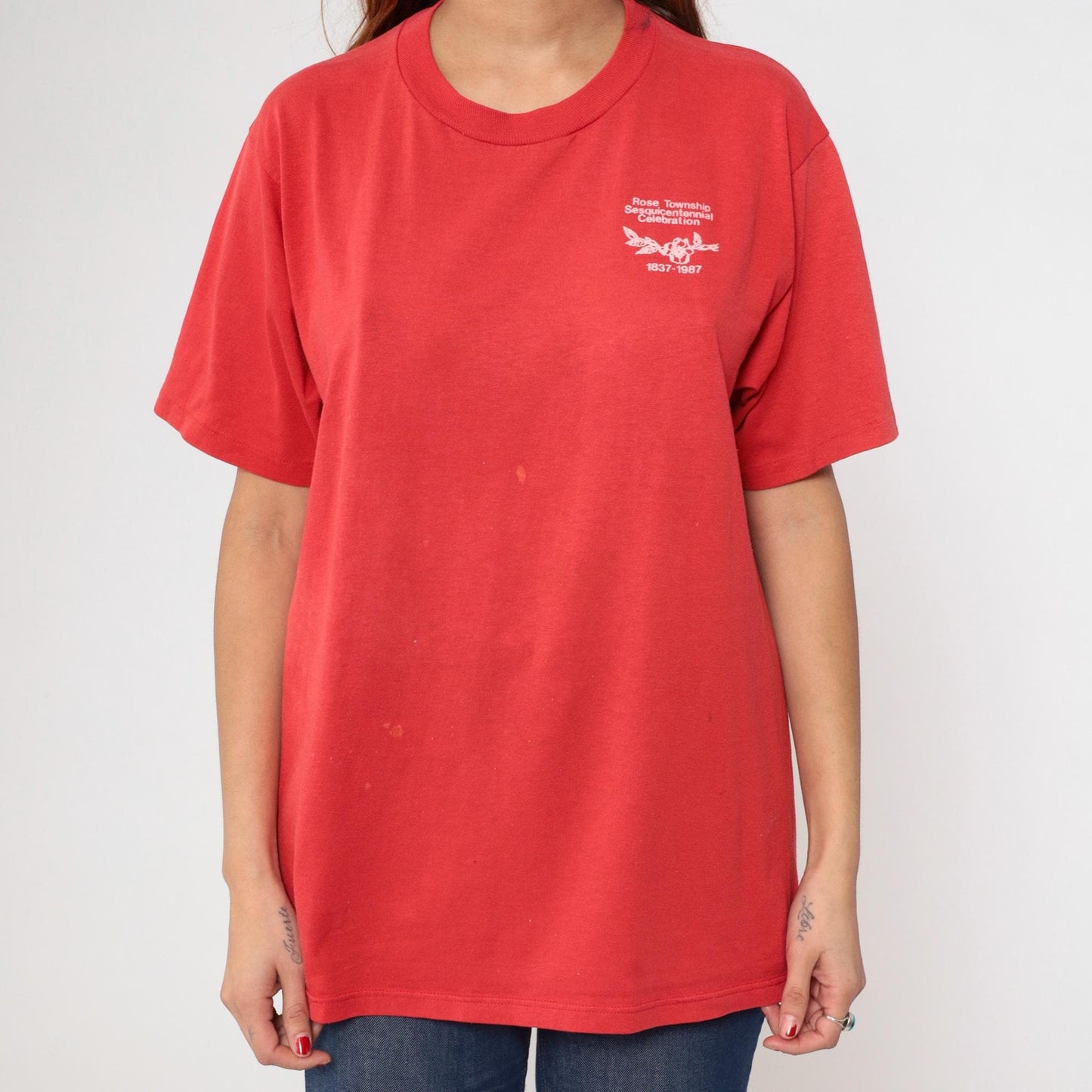 1987 Rose Township Sesquicentennial Michigan T-Shirt Red Jerzees Graphic Large