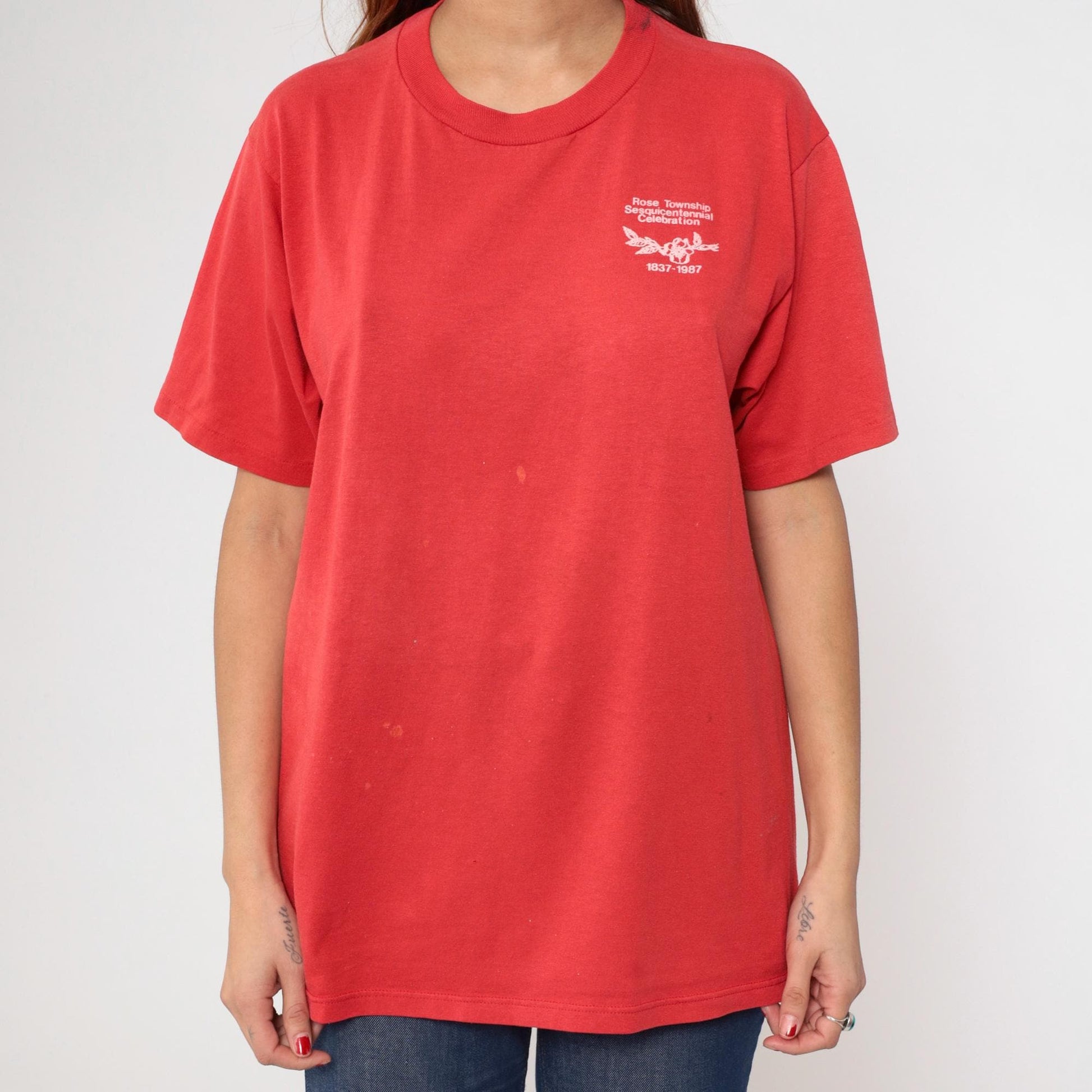 1987 Rose Township Sesquicentennial Michigan T-Shirt Red Jerzees Graphic Large