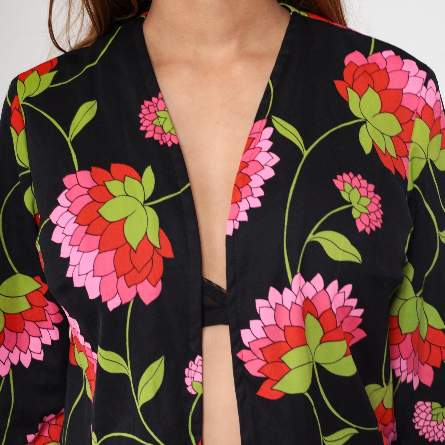 70s Black Floral Open Front Blouse Pink Green Print Long Sleeve Medium