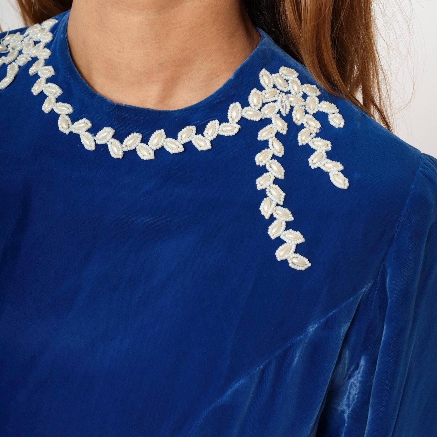 60s Blue Velvet Beaded Cocktail Dress Long Sleeve Sheath Pencil Knee Length Small