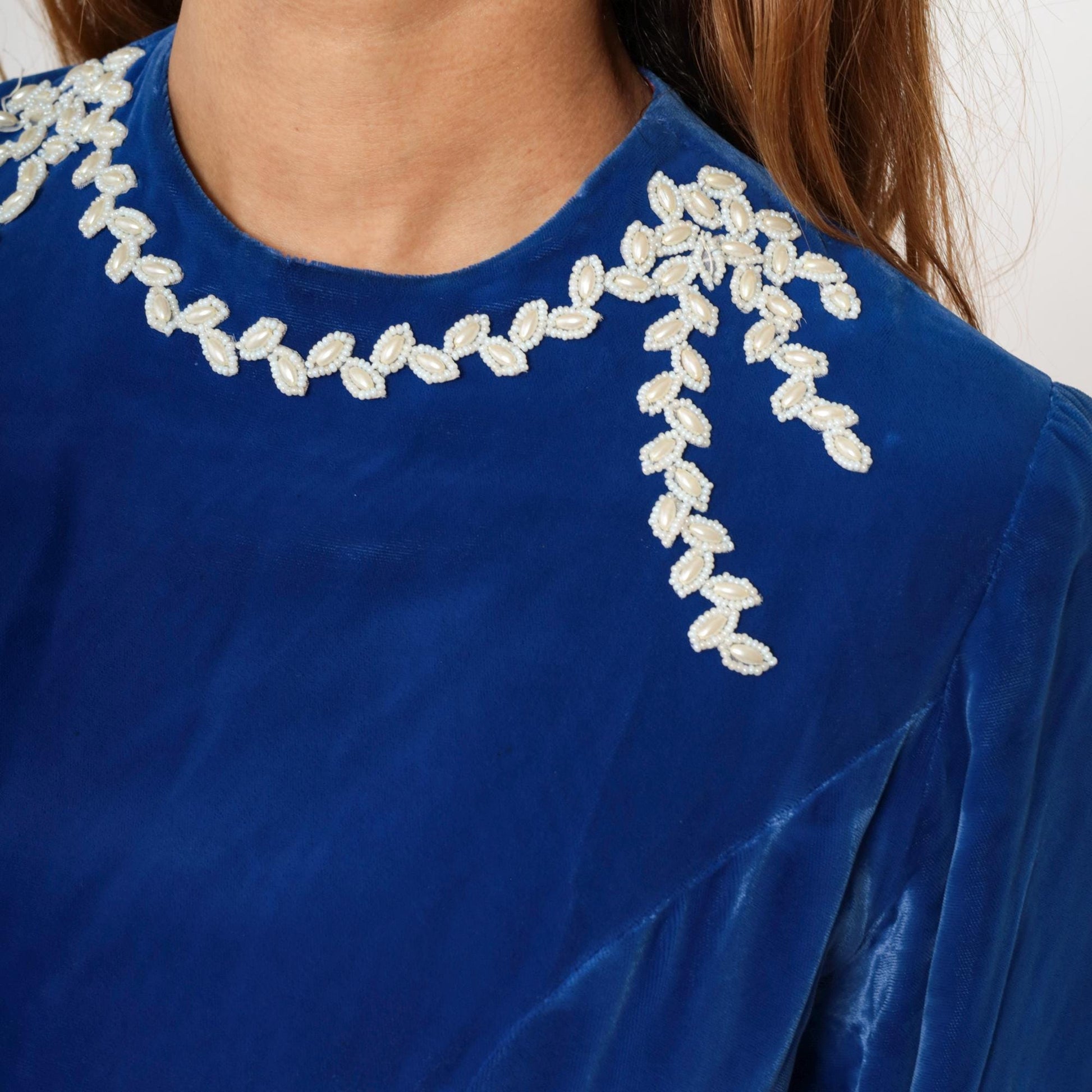 60s Blue Velvet Beaded Cocktail Dress Long Sleeve Sheath Pencil Knee Length Small
