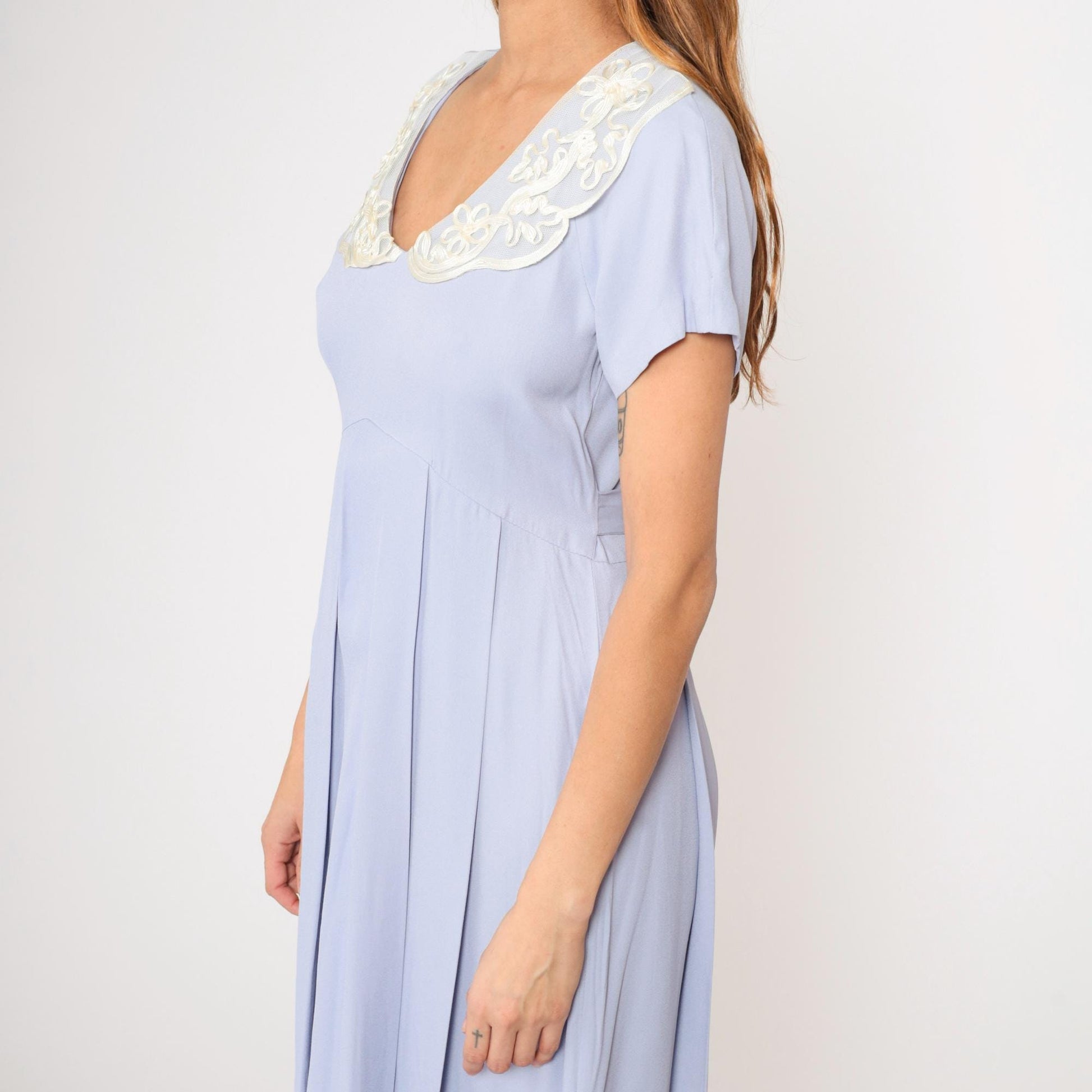 90s Lavender Midi Dress Soutache Lace Collar High Waist Pleated Small