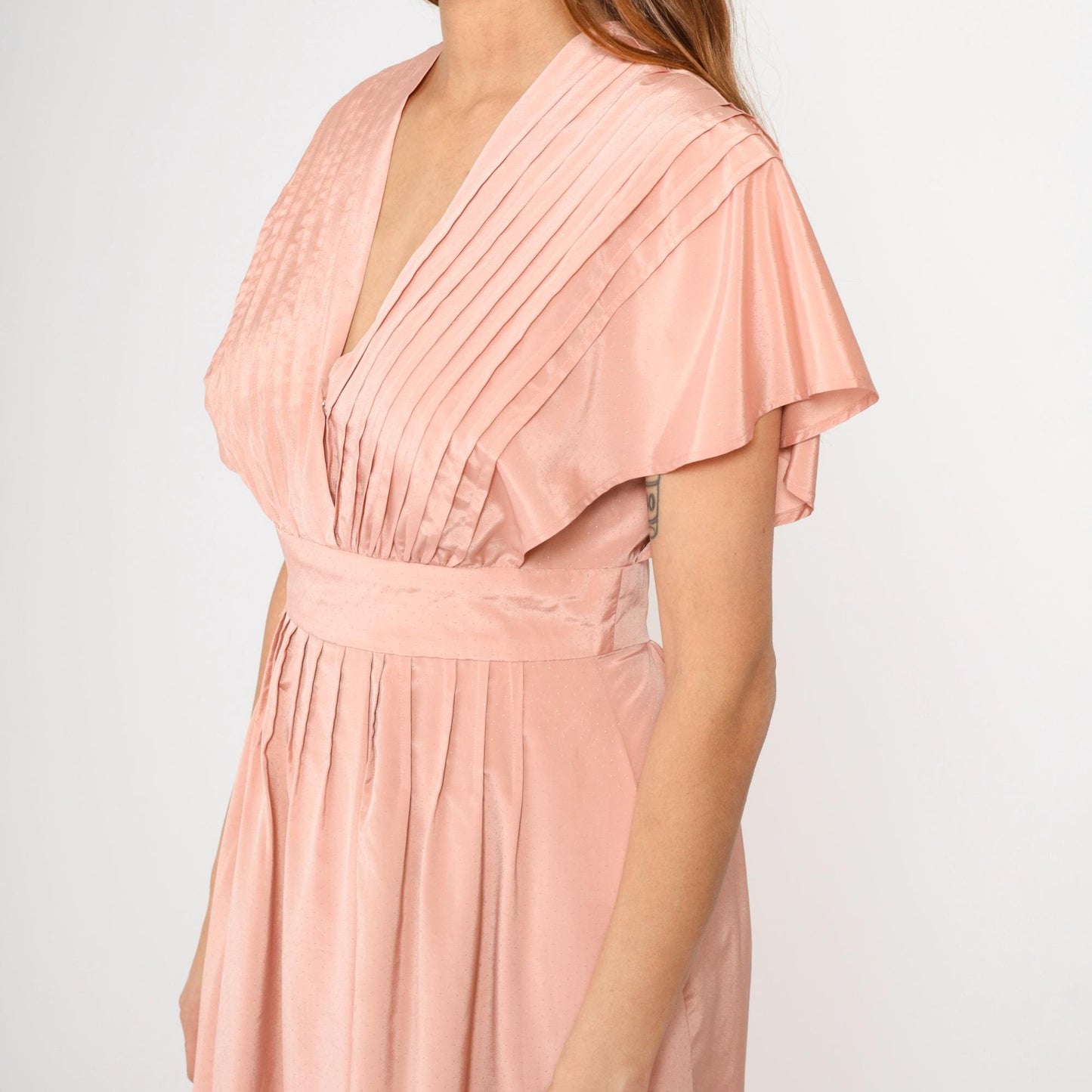 70s Pink Pleated Maxi Dress Flutter Sleeve V-Neck High Waist Front Slit Medium