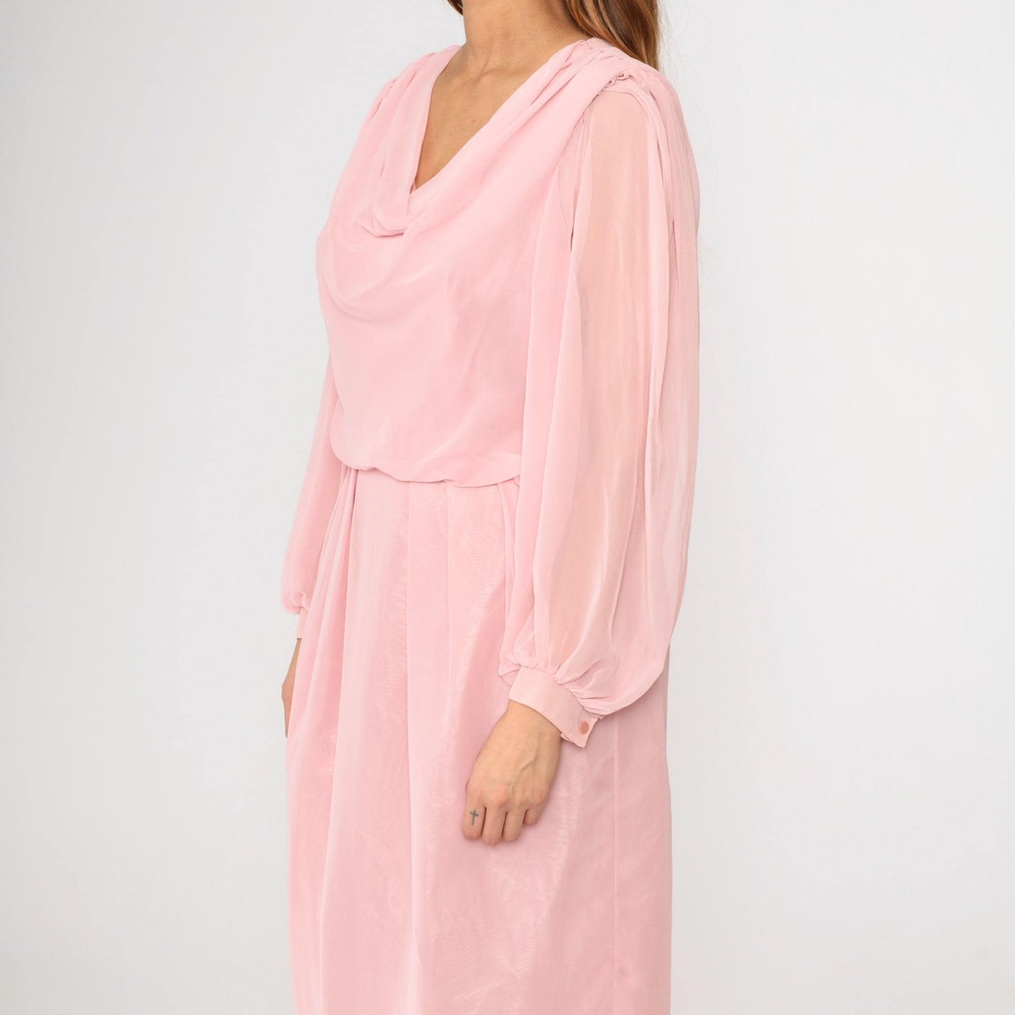80s Susan Howard California Pink Chiffon Cowl Neck Midi Dress Medium M
