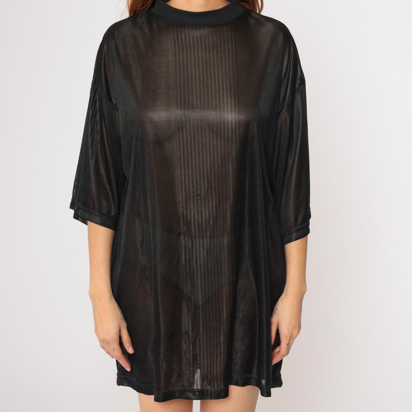 90s Sheer Black Striped Polyester T-Shirt XXL