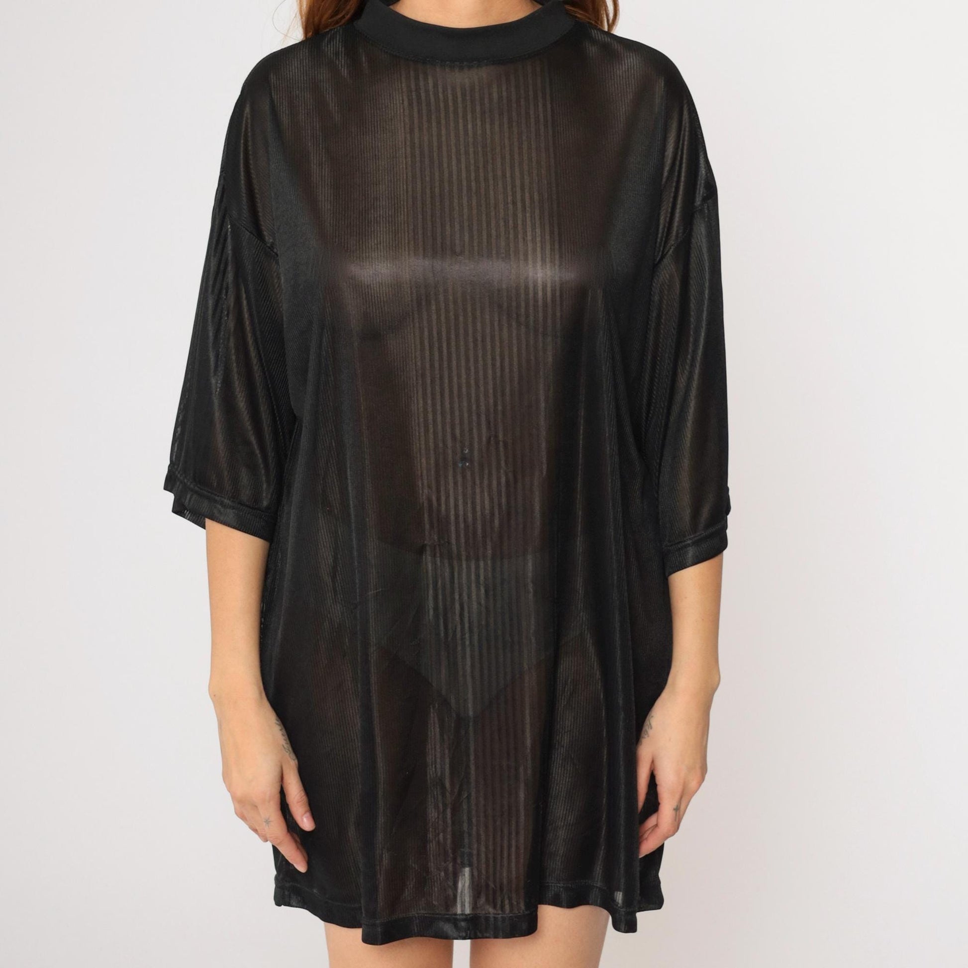 90s Sheer Black Striped Polyester T-Shirt XXL