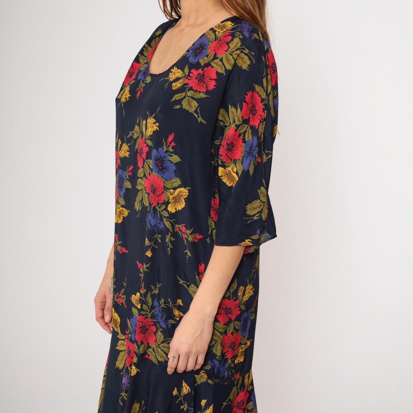 90s Navy Floral Maxi Dress Asymmetrical Hanky Hem Drop Waist Medium