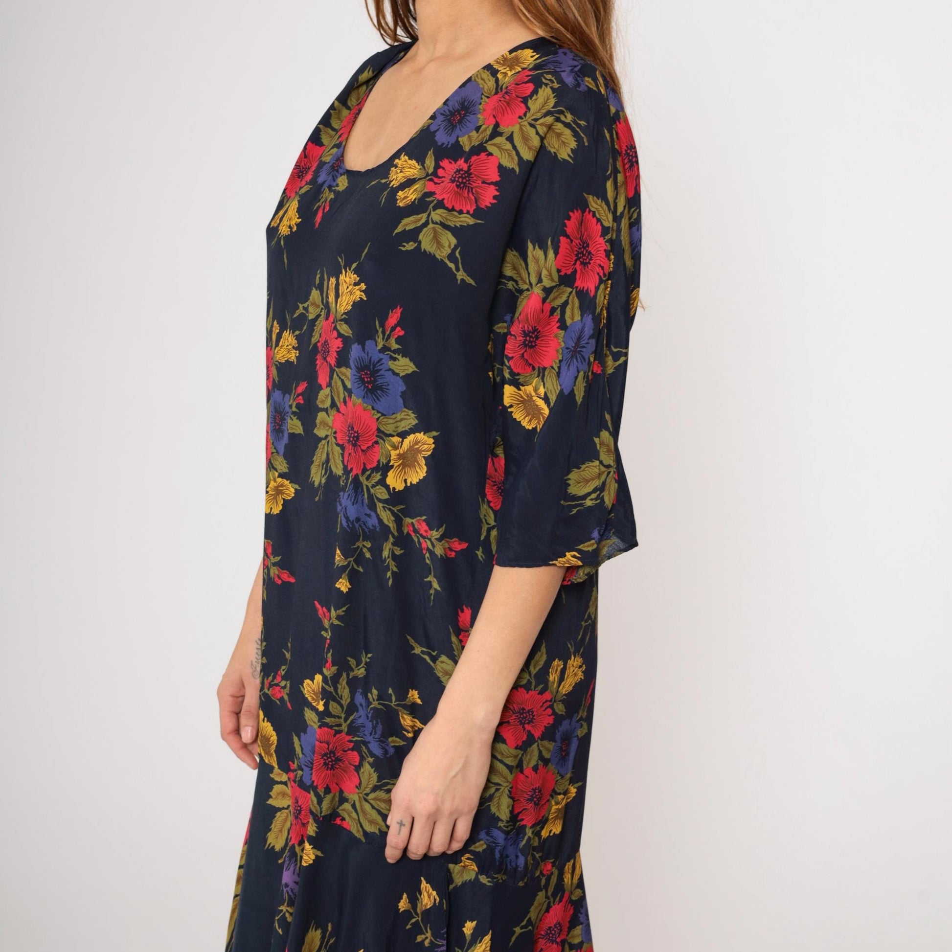 90s Navy Floral Maxi Dress Asymmetrical Hanky Hem Drop Waist Medium