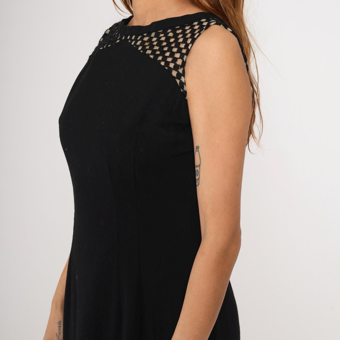1960s Black Wool Midi Cocktail Dress Sheer Checkered Yoke Sleeveless Medium