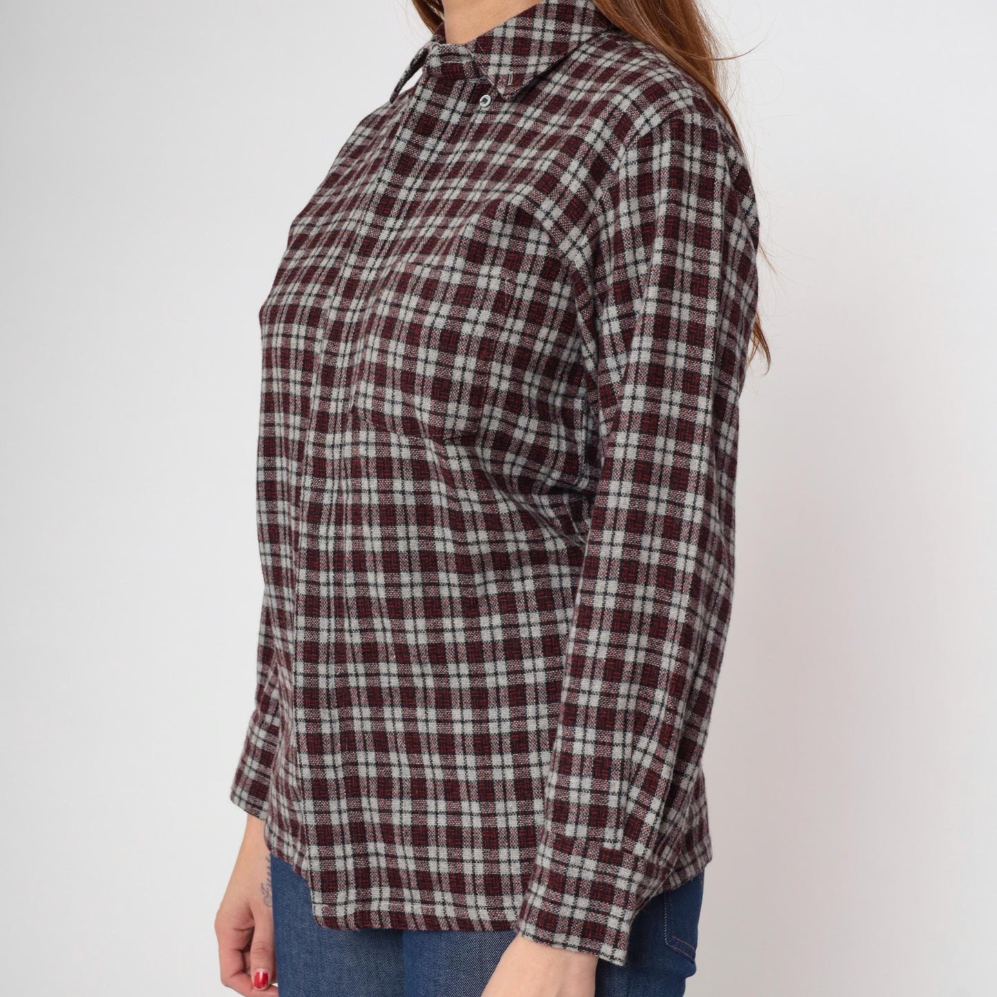 80s Rollex Wool Blend Plaid Button-Up Shirt Grey Red Small