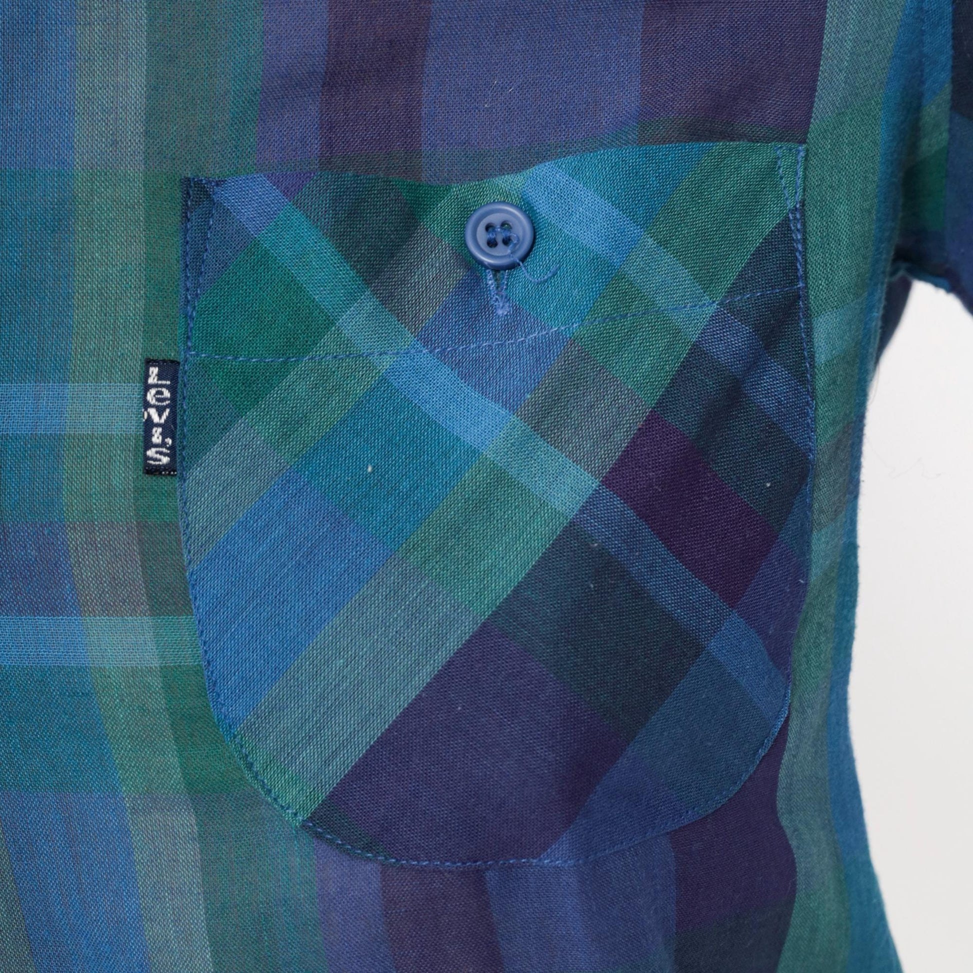 80s Levi's Plaid Button-Up Blouse Purple Blue Green Mandarin Collar Small S