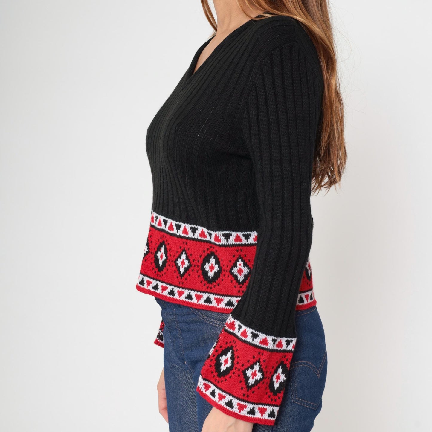 80s LA Express Geometric Bell Sleeve Sweater Black Knit Cropped V-Neck Medium
