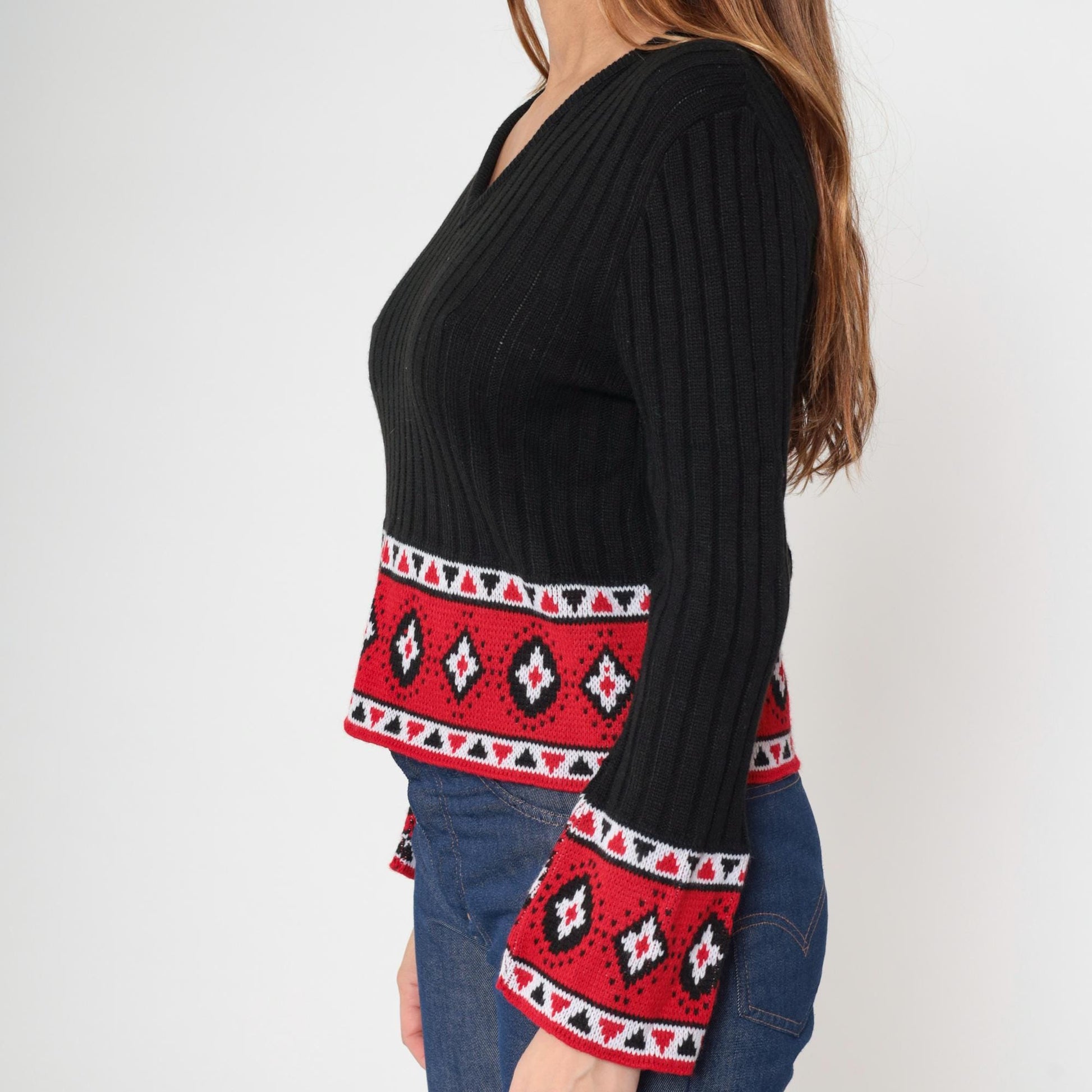 80s LA Express Geometric Bell Sleeve Sweater Black Knit Cropped V-Neck Medium