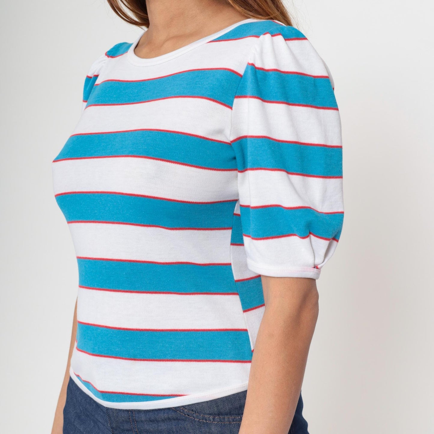 80s Fritzi Striped T-Shirt Puff Sleeve White Blue Red Small
