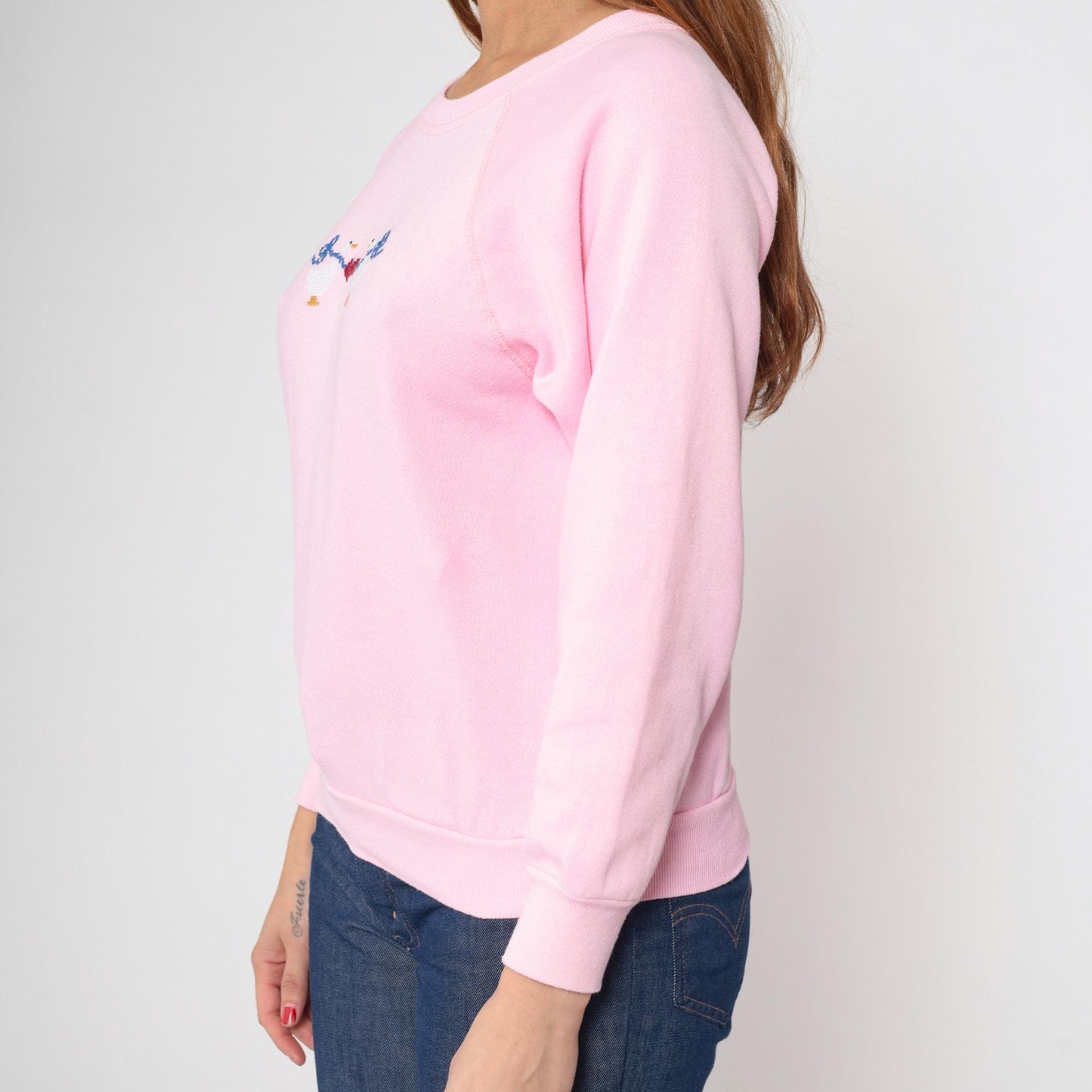 80s Pink Duck Embroidered Raglan Sweatshirt Heart Animal Crewneck Small