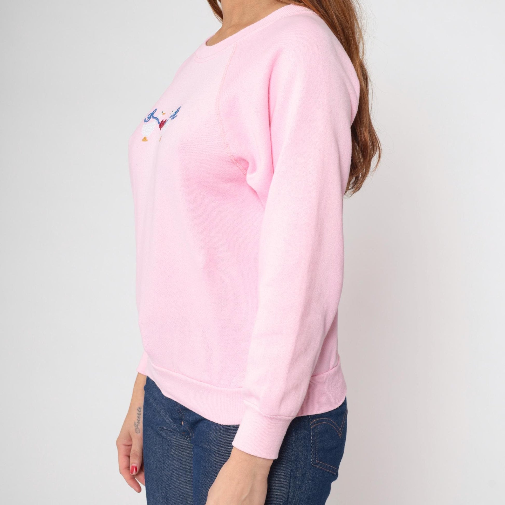 80s Pink Duck Embroidered Raglan Sweatshirt Heart Animal Crewneck Small