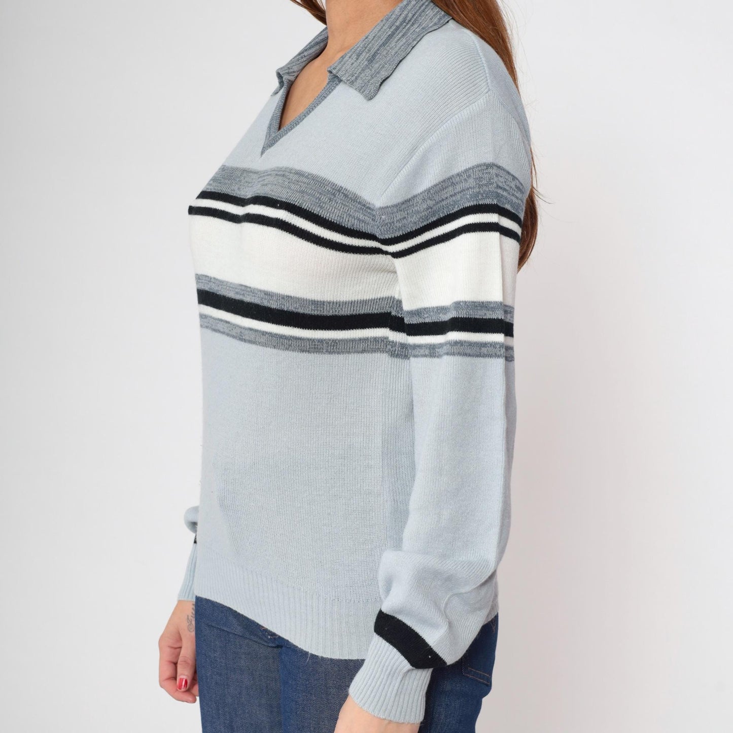 70s Blue Grey Striped Knit Sweater Collared V-Neck Small