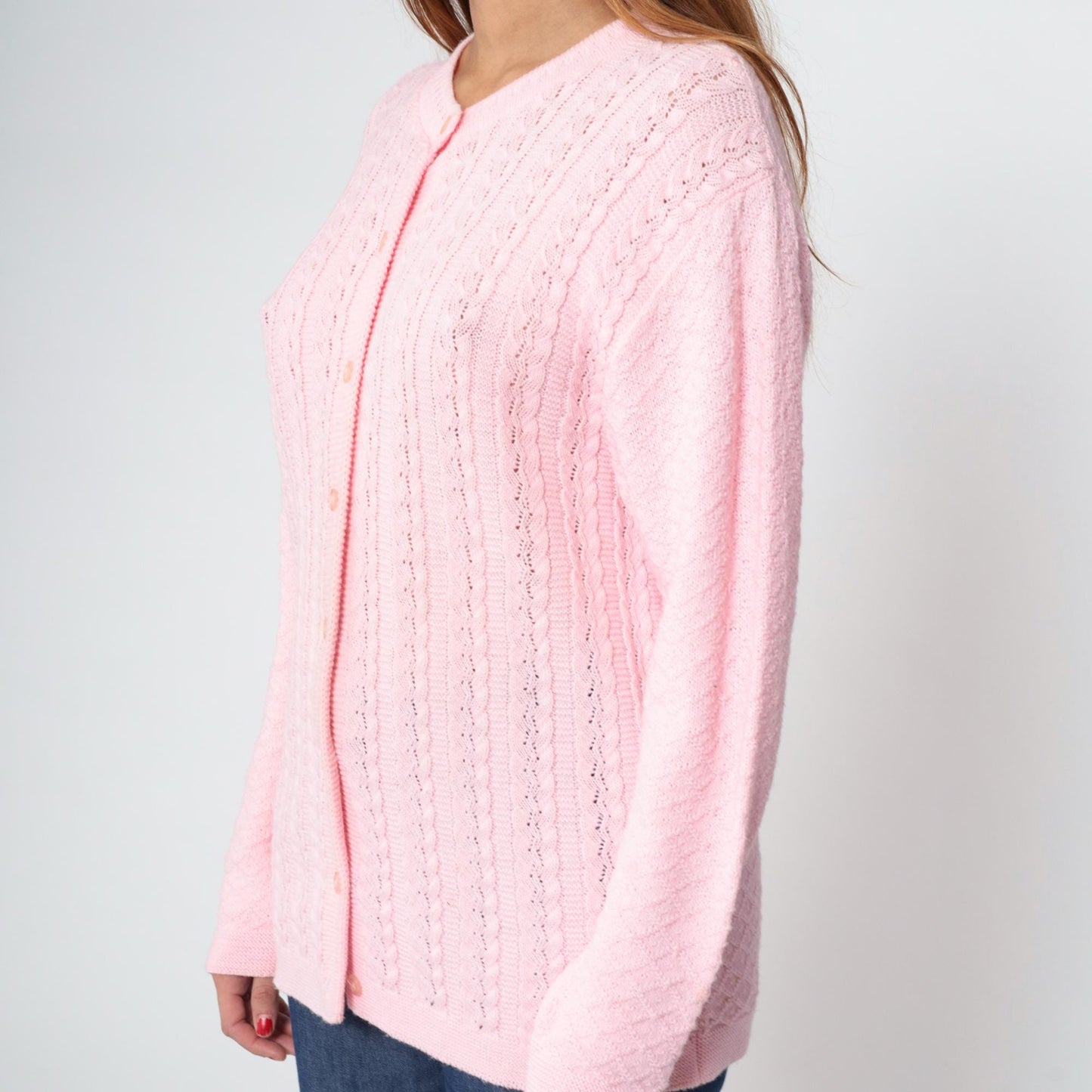 70s Baby Pink Pointelle Cardigan Button-Up Knit Sweater Medium