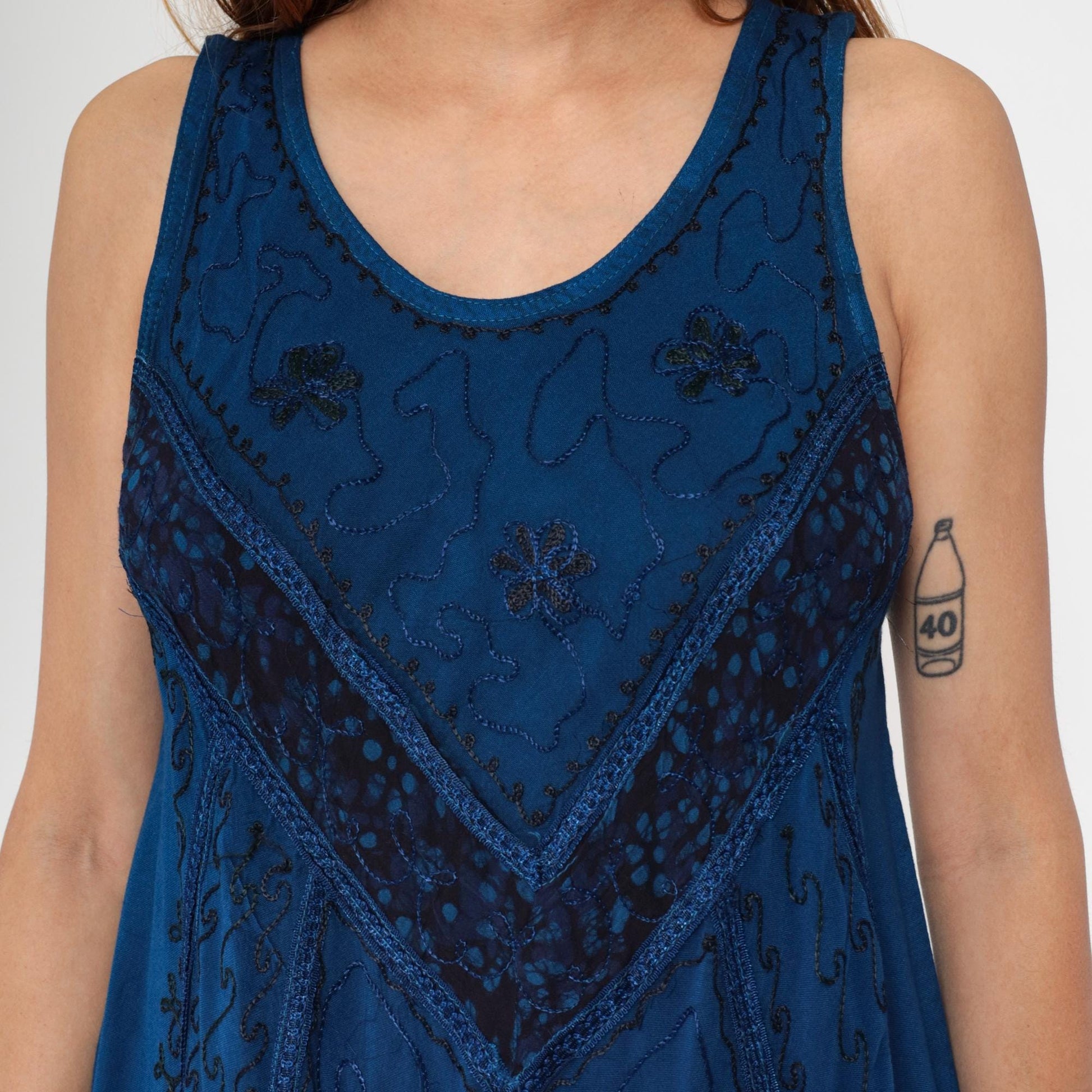 Y2K Dark Blue Embroidered Sundress Asymmetrical Hem Trapeze Cut Medium M