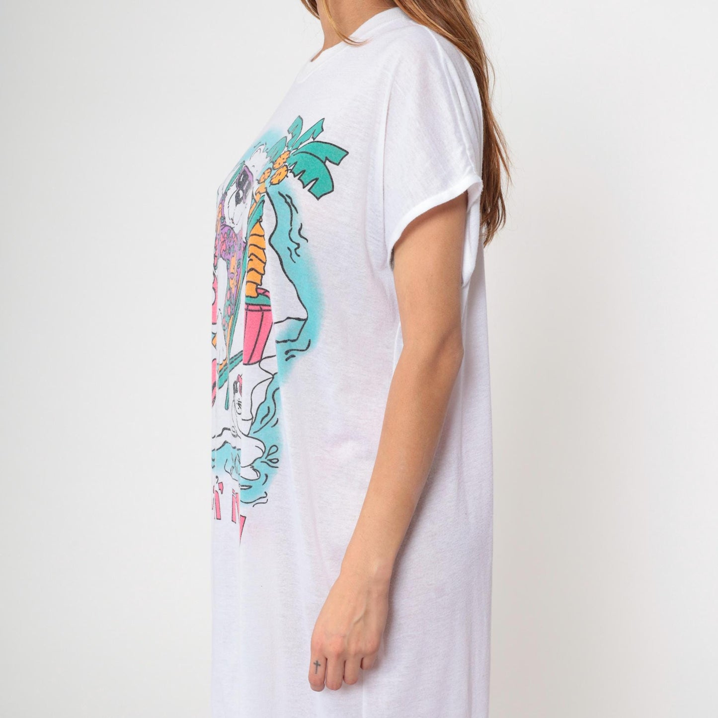 80s Tropical Beach Graphic T-Shirt Dress Bear Seal White Burnout One Size