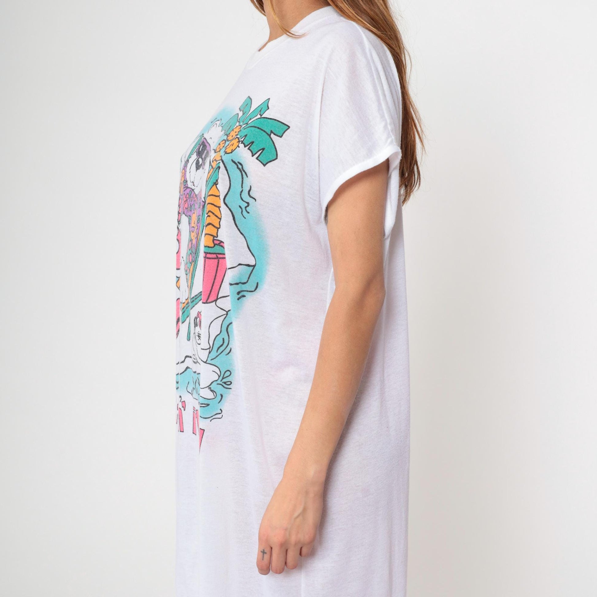 80s Tropical Beach Graphic T-Shirt Dress Bear Seal White Burnout One Size