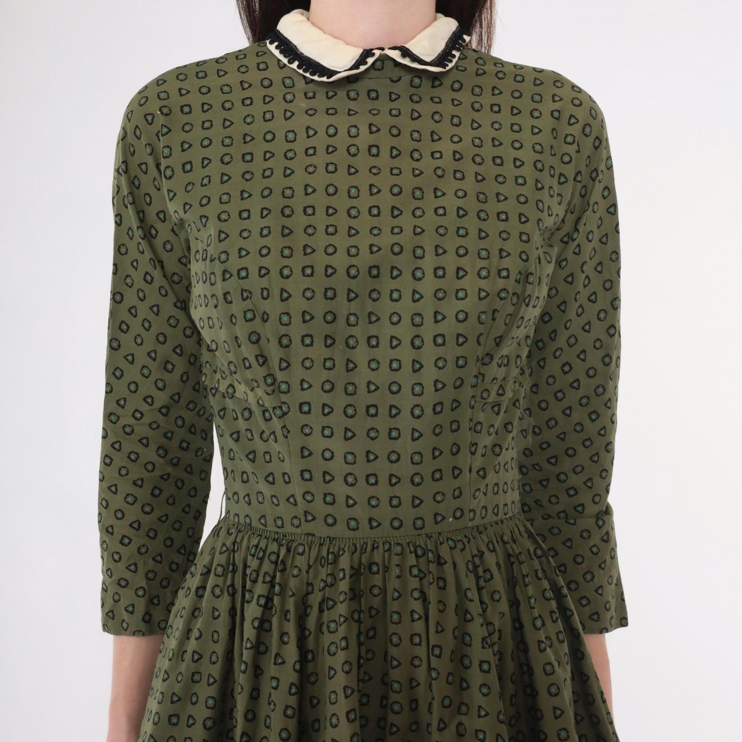 1950s L'Aiglon Fit Flare Dress Olive Green Geometric Peter Pan Collar Midi Extra Small