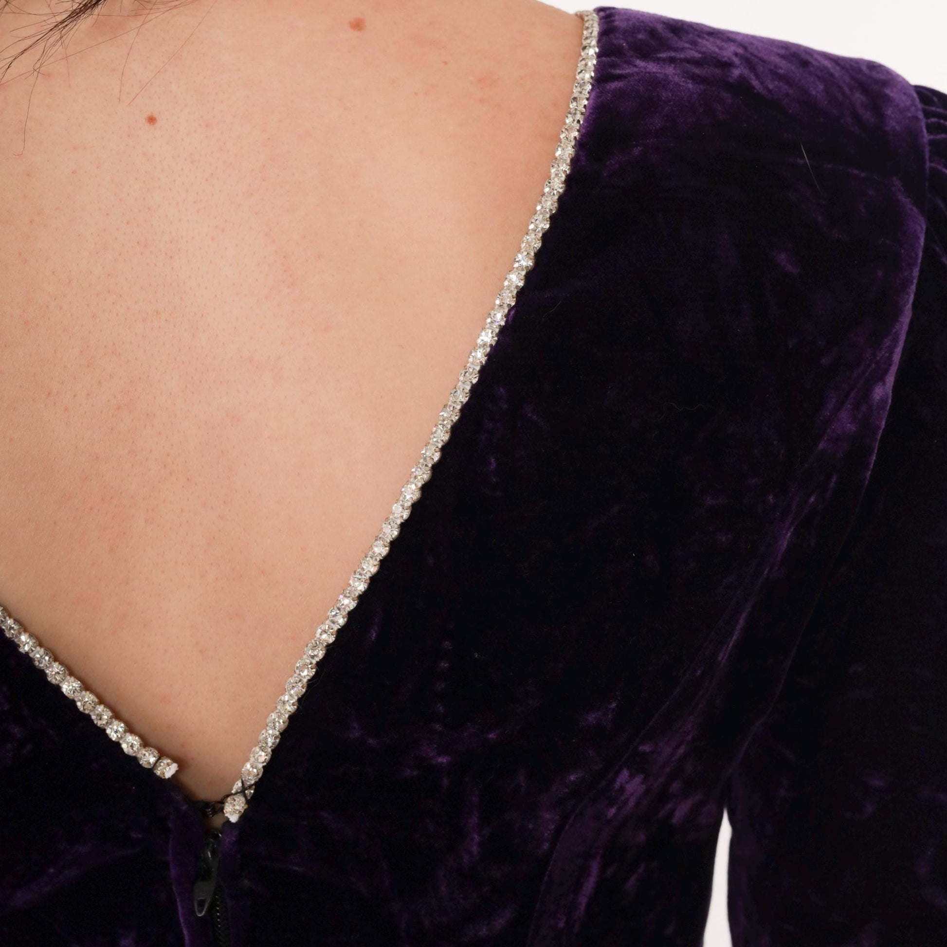 80s Purple Velvet Midi Dress Puff Sleeve A-Line Rhinestone V-Back Extra Small