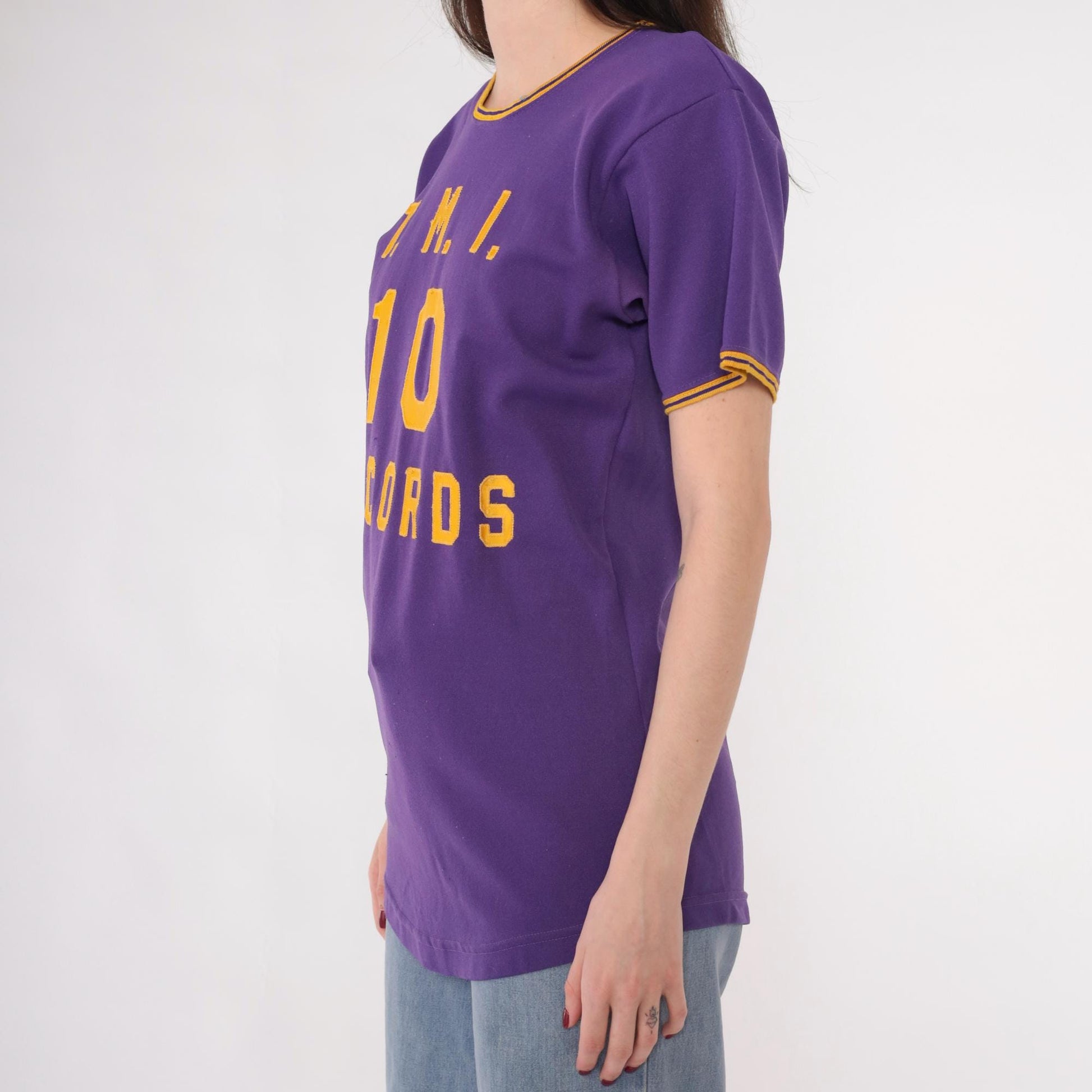 70s TMI Records Ringer Tee Purple Gold Applique Varsity Graphic Small S