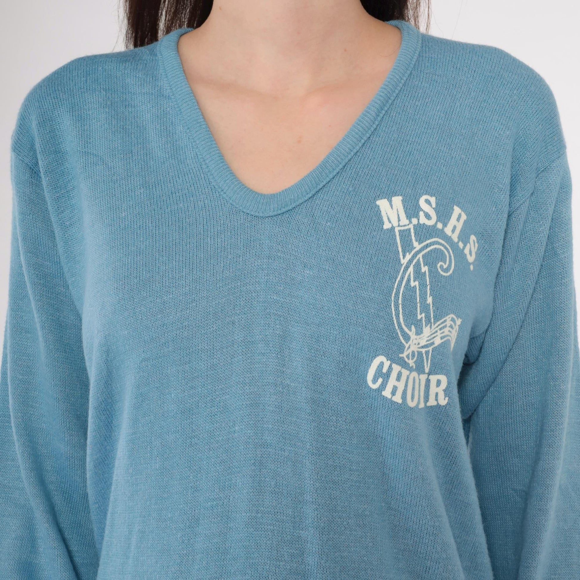 80s MSHS Choir V-Neck Sweater Light Blue Graphic Knit Pullover Small