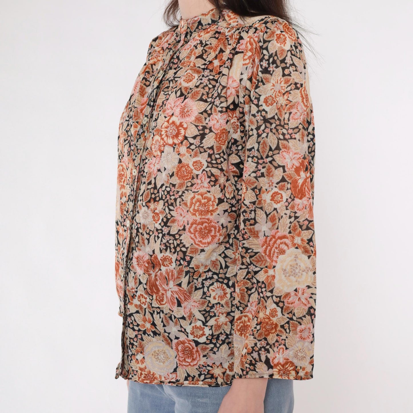 70s Floral Puff Sleeve Button-Up Blouse Burnt Orange Pink Medium M