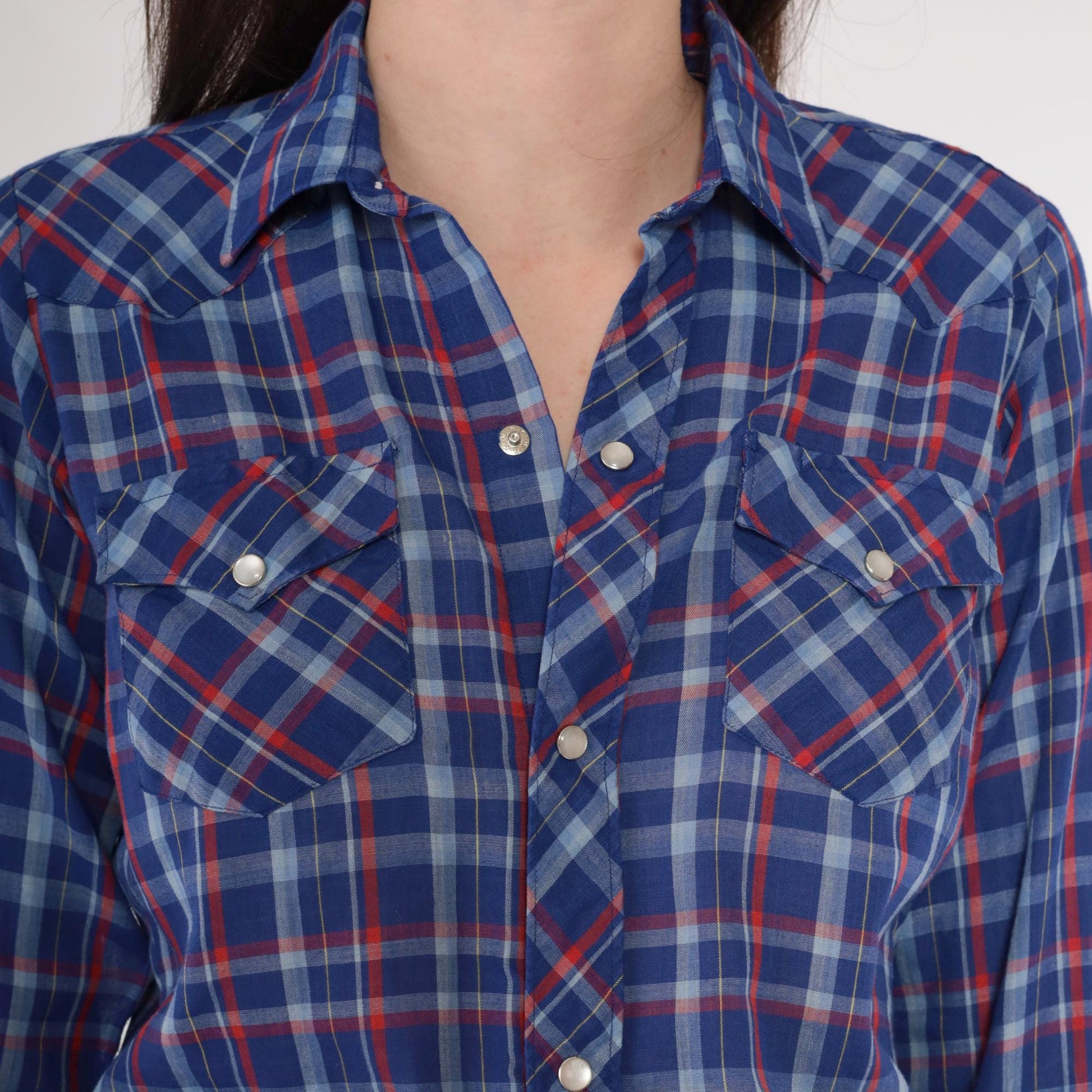 80s Royal Blue Red Plaid Western Shirt Pearl Snap Long Sleeve Extra Small XS