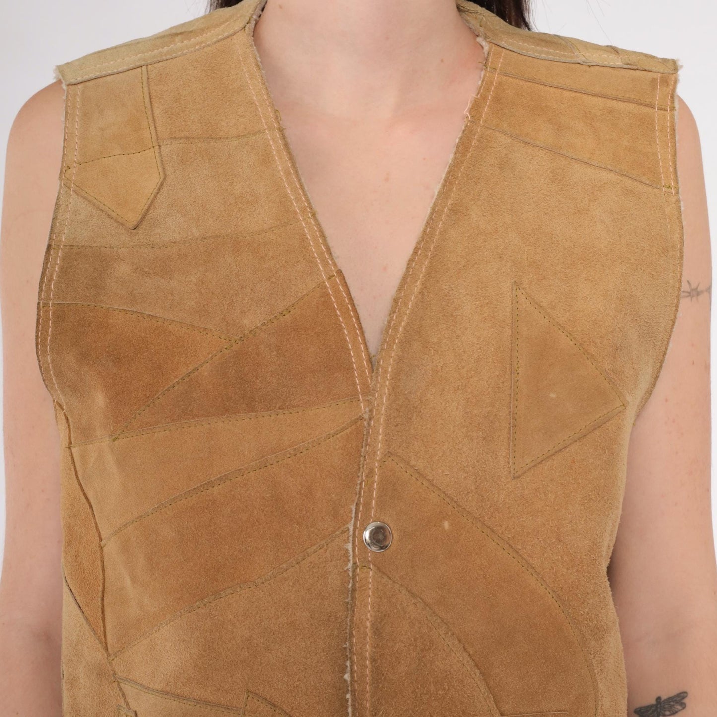 70s Tan Patchwork Suede Vest Sherpa Lined Snap Front Sleeveless Small