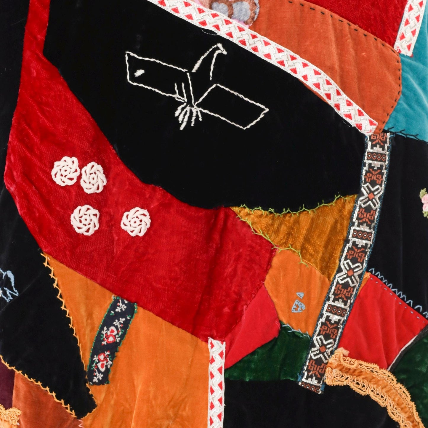 70s Velvet Patchwork Vest Embroidered Floral Bird Lace Trim Red Black Medium Large