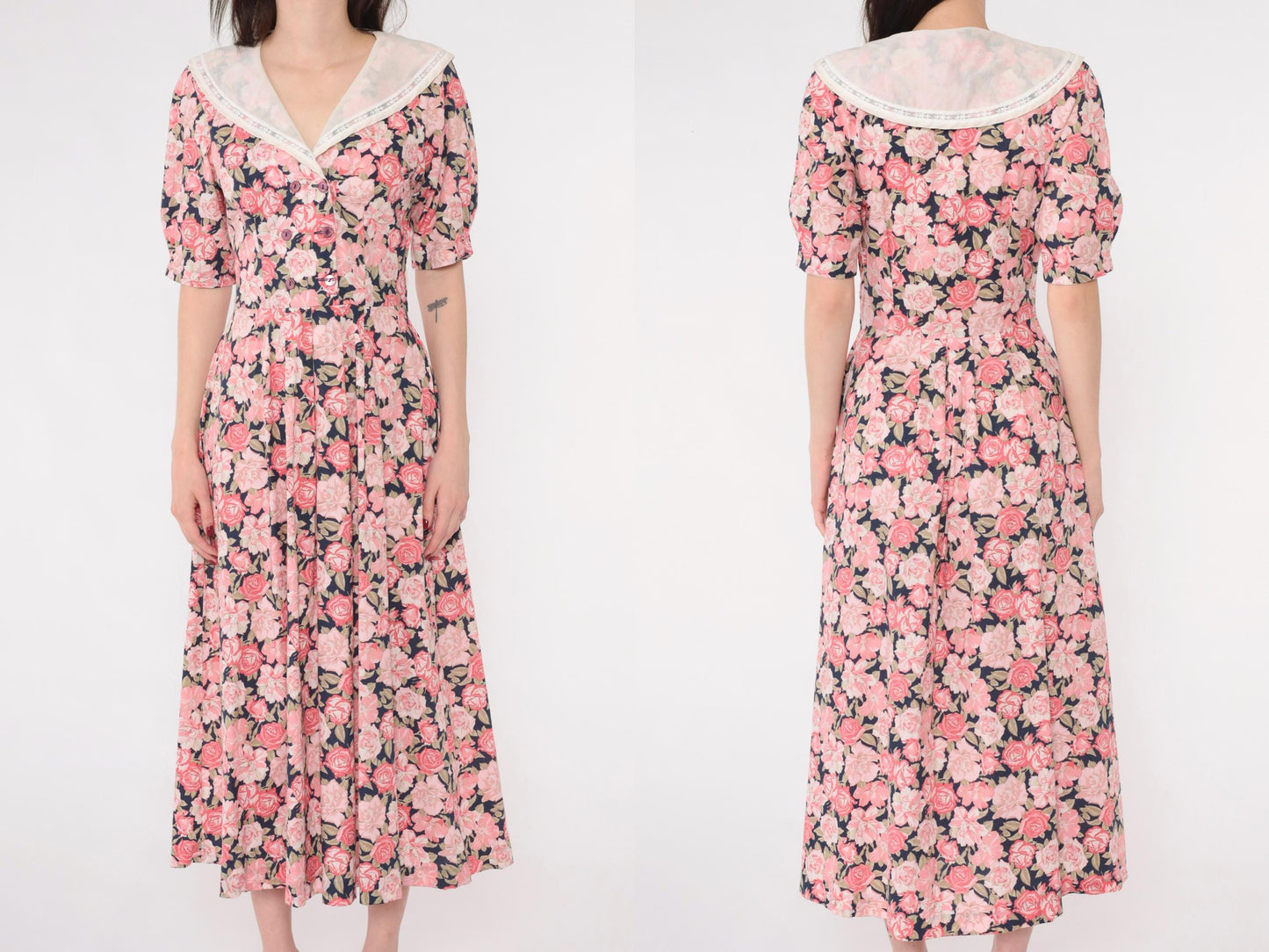 80s Laura Ashley Pink Floral Midi Dress Puff Sleeve Double Breasted Small