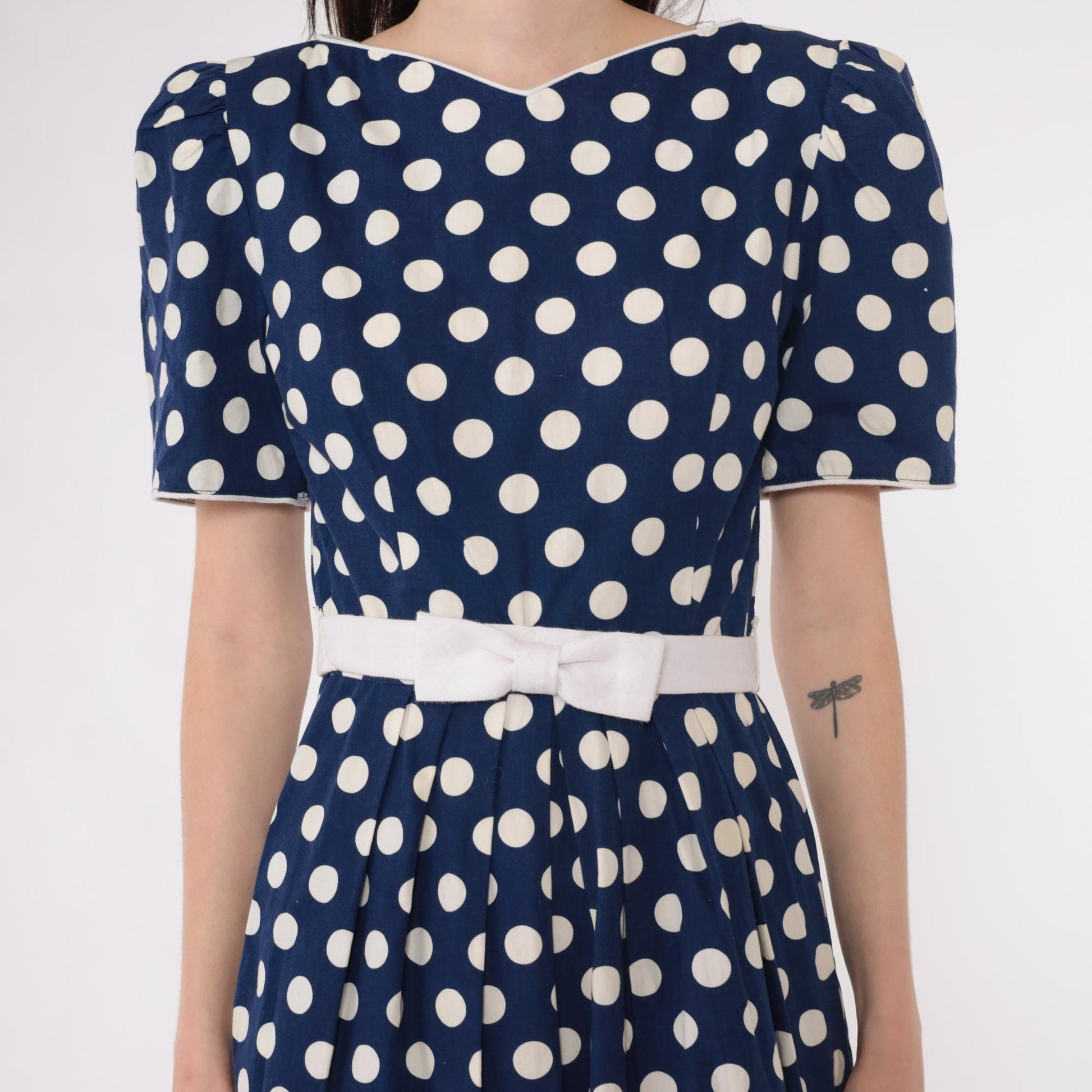 80s Lanz Originals Polka Dot Midi Dress Puff Sleeve Navy Bow Waist Extra Small
