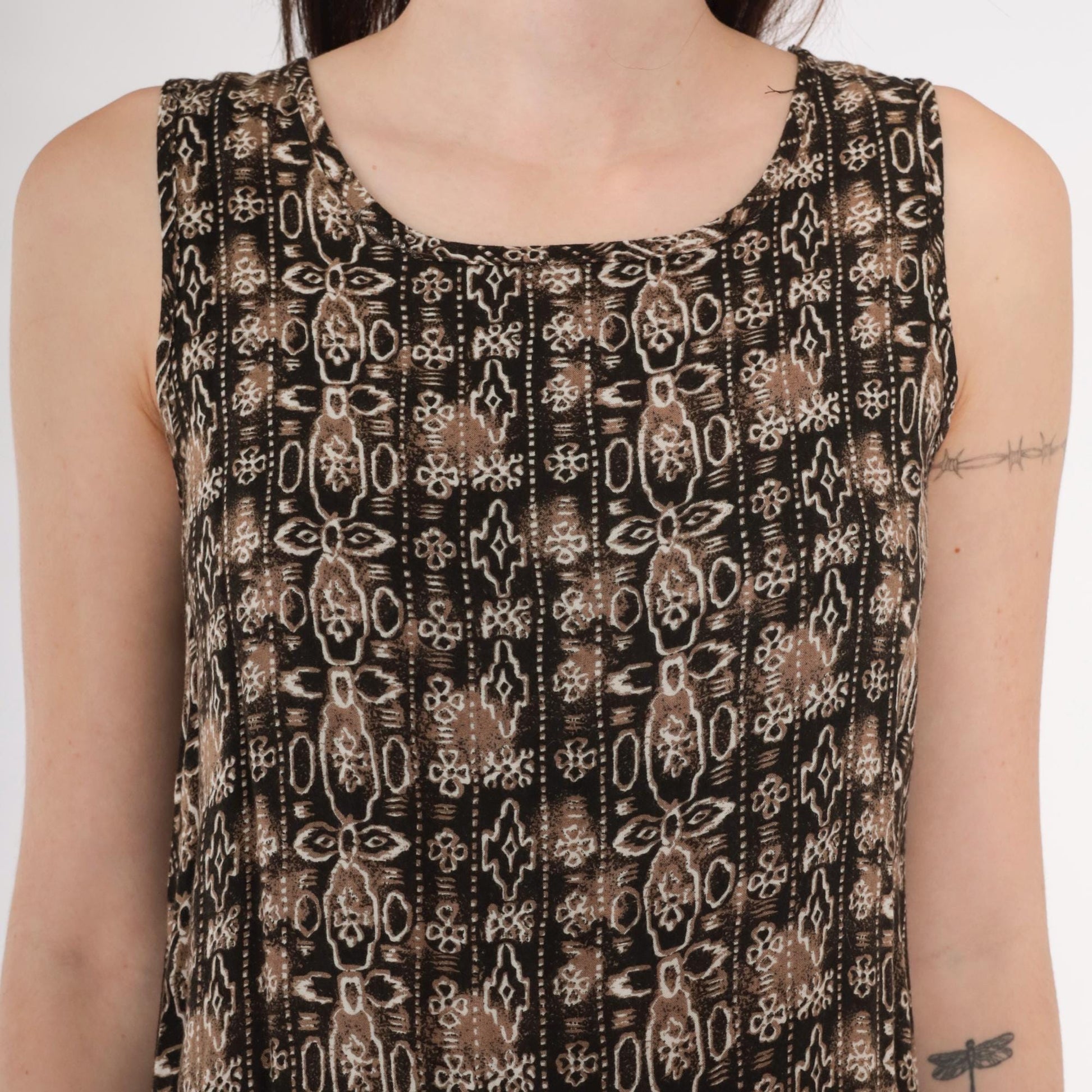 90s Geometric Mini Shift Dress Tan Brown Sleeveless Extra Small