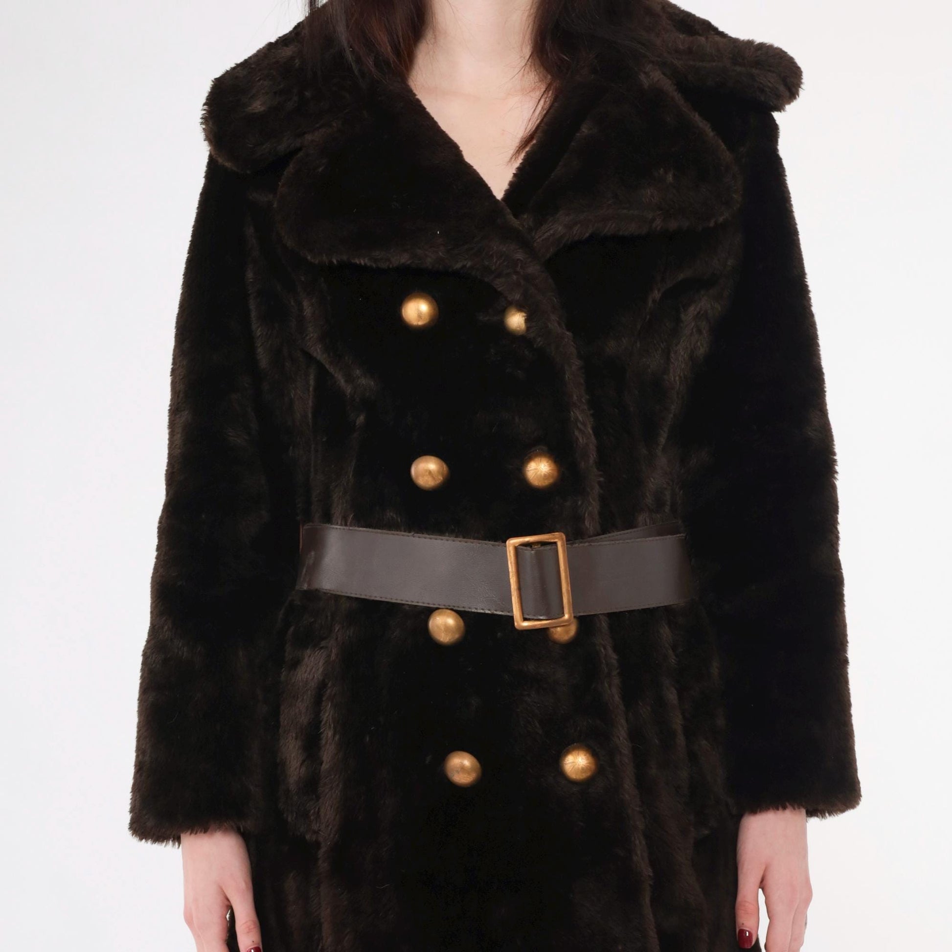 70s Brown Faux Fur Coat Double Breasted with Belt Small S