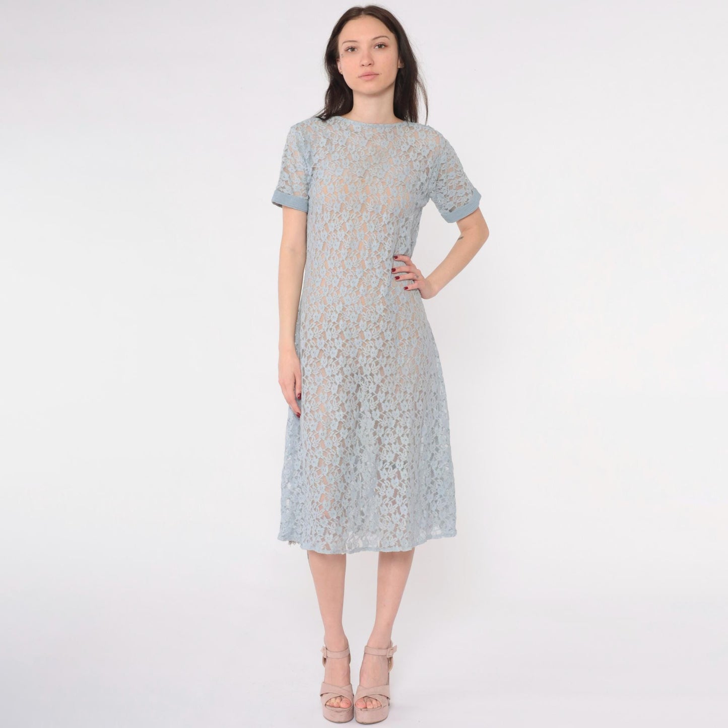 90s Blue Floral Lace Midi Dress Short Sleeve Shift Medium M