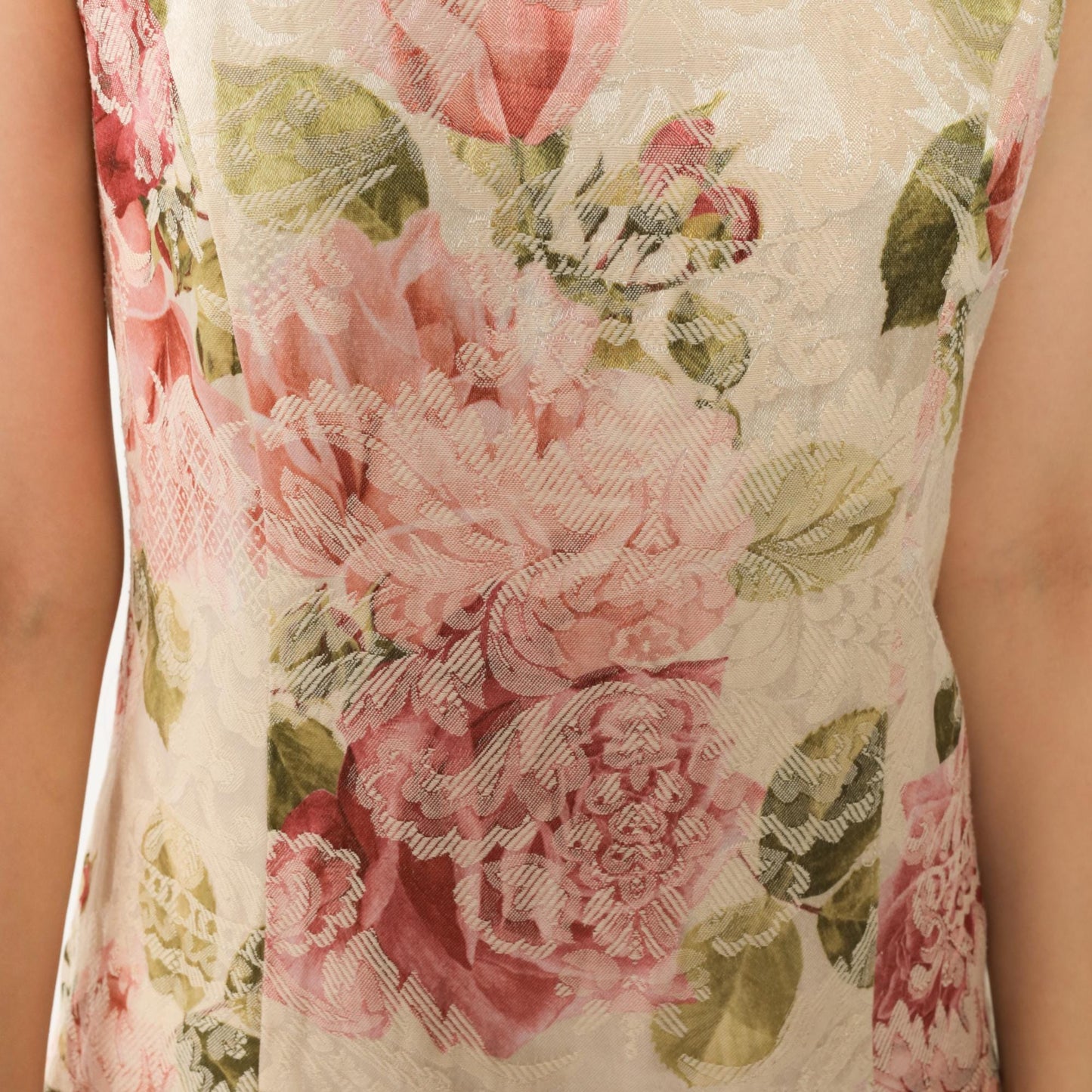 90s Newport News Floral Jacquard Sheath Dress Cream Pink Mini Small